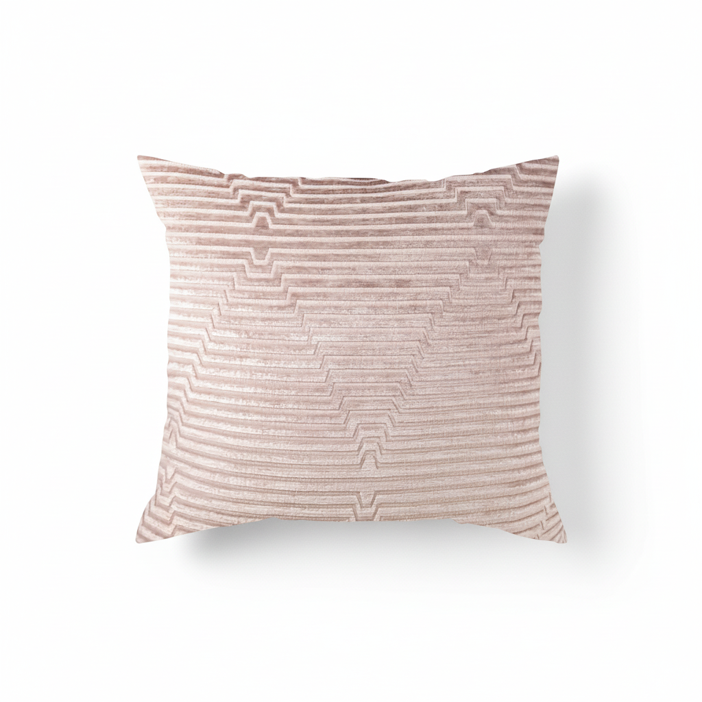 A square-shaped dusty rose pillow with a geometric pattern.