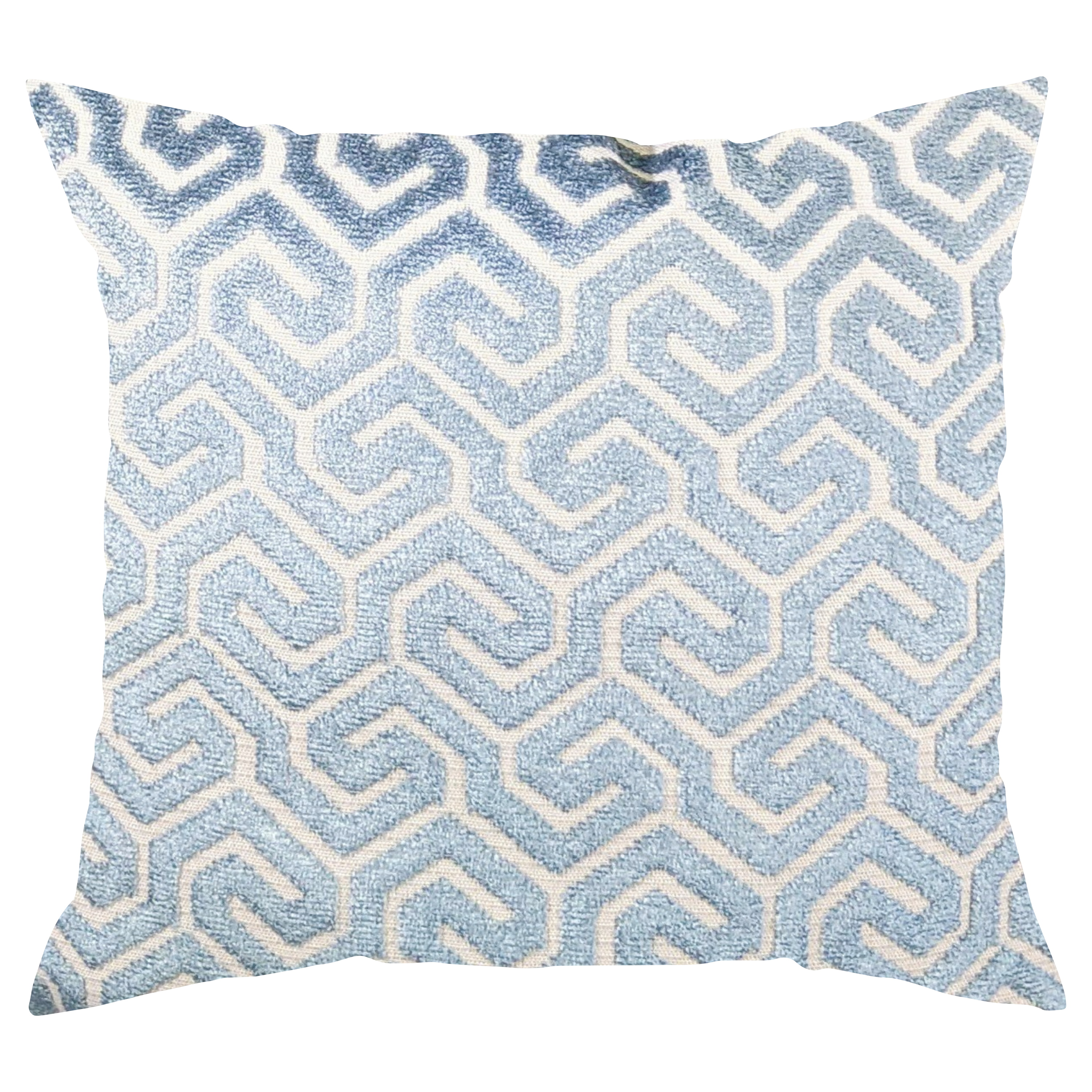 Decorative pillow with blue and white geometric pattern on a white background