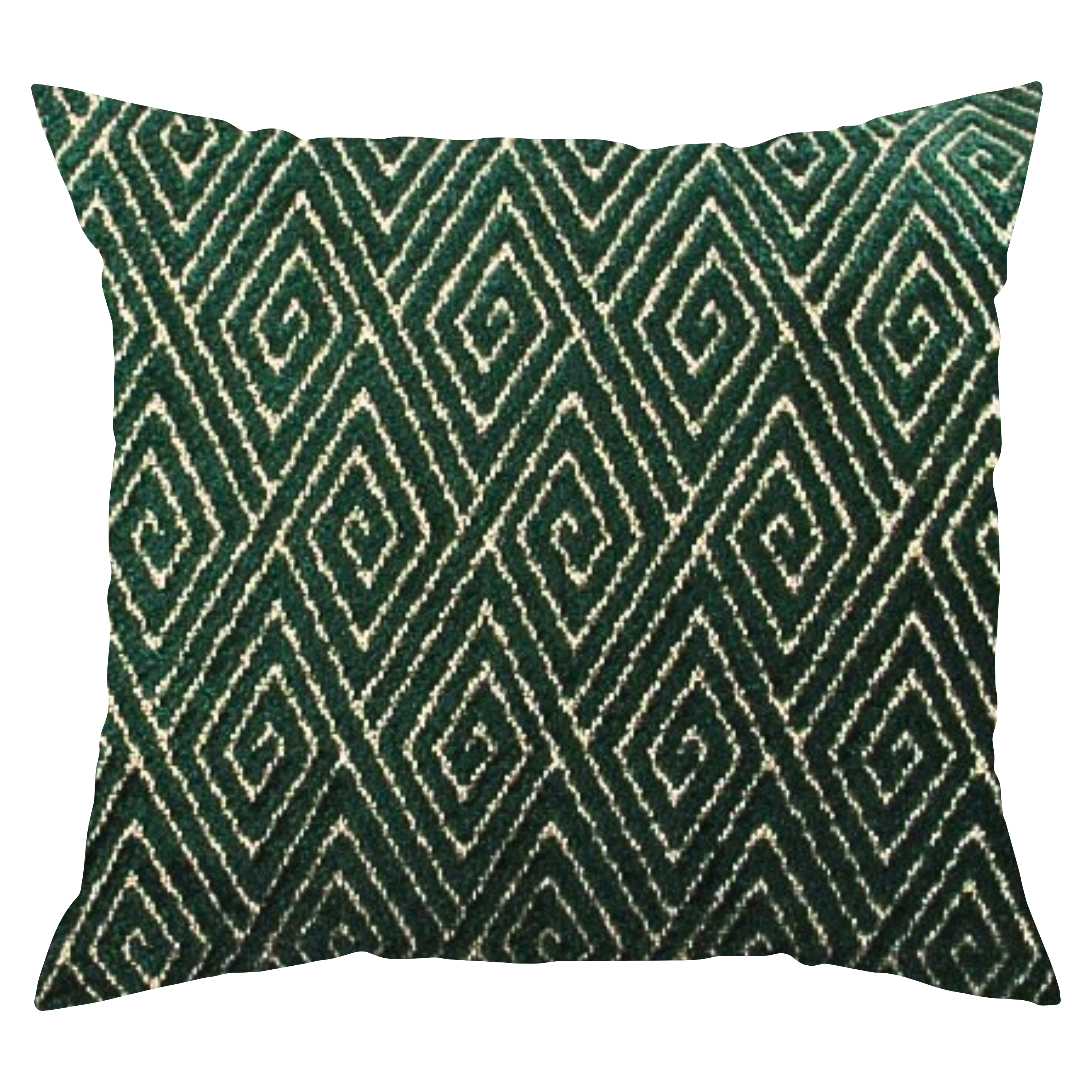 A square-shaped throw pillow with a deep hunter green and cream geometric diamond pattern.