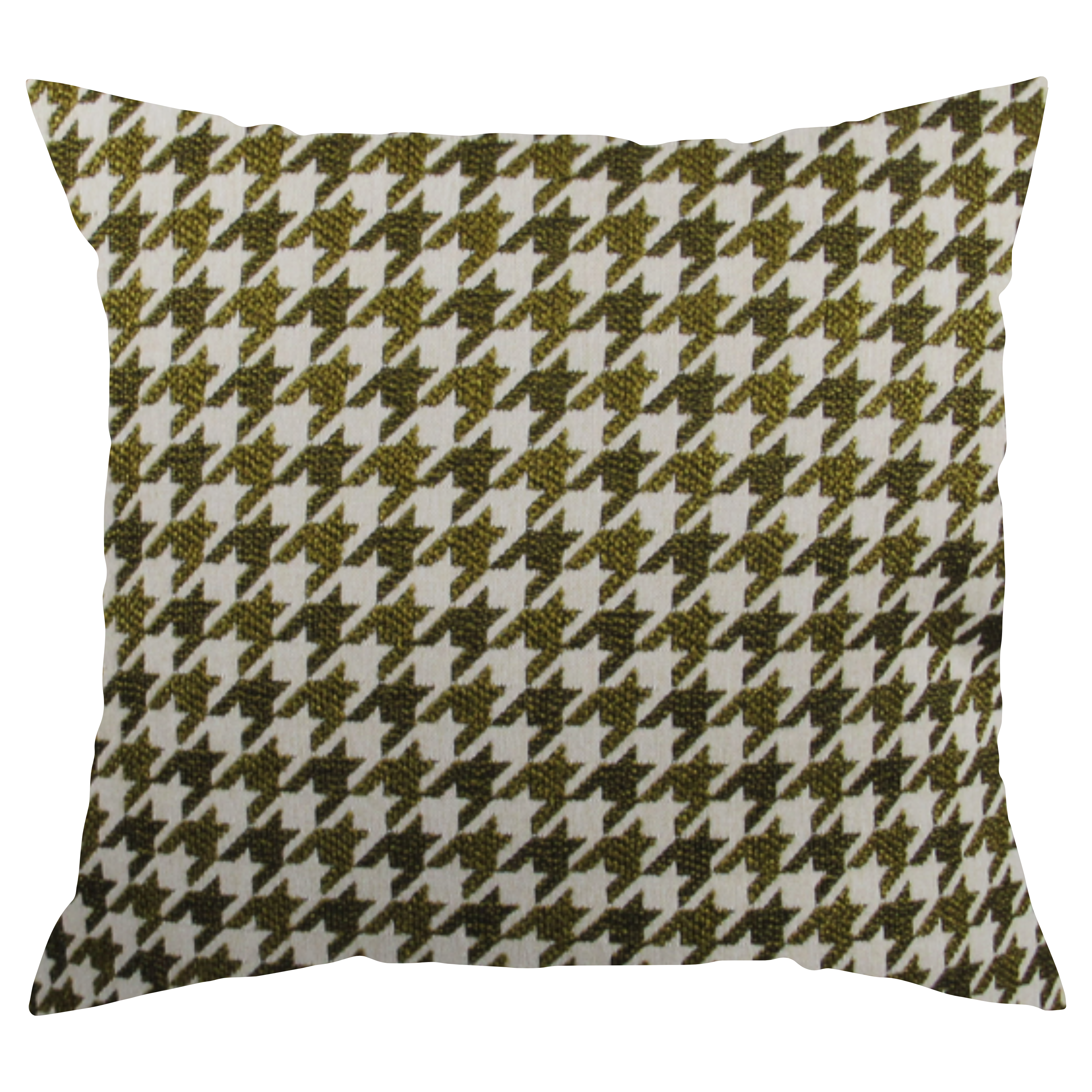 A square-shaped throw pillow with a houndstooth pattern in beige and green colors.