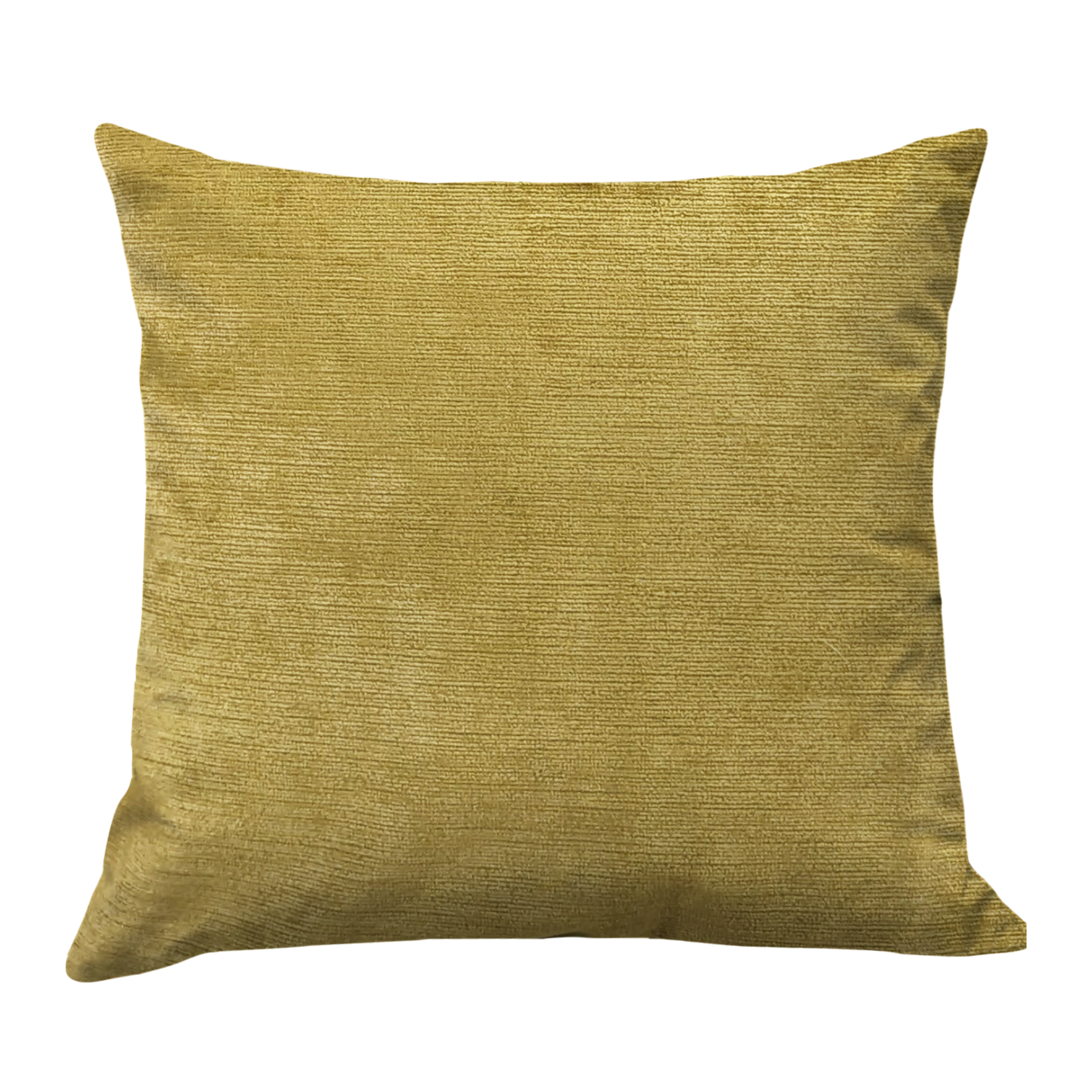 A golden yellow velvet throw pillow with a square shape.