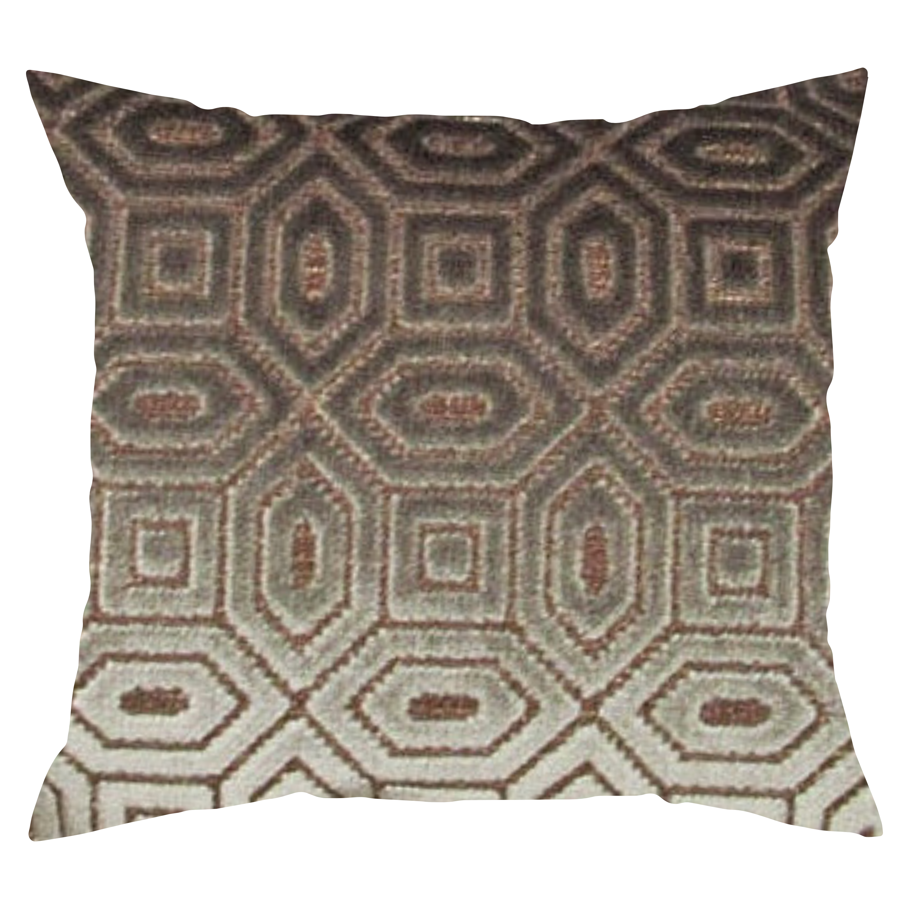 A square-shaped throw pillow with a shiny, gray geometric pattern design.