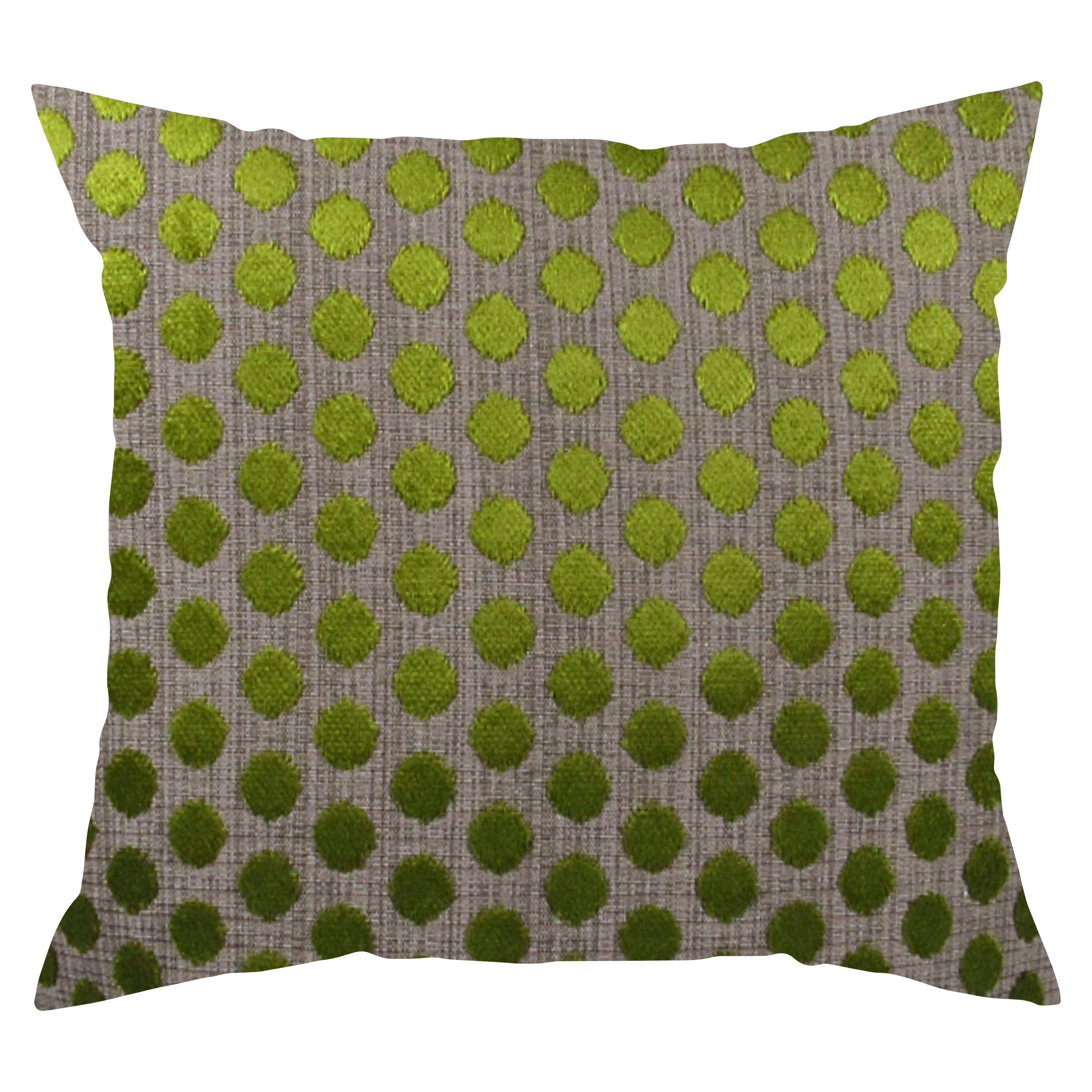 A square-shaped throw pillow with a green polka dot pattern on a matte background, with a visible zipper along one side.