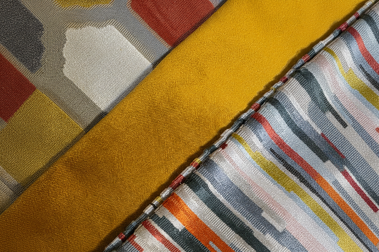 Close-up of fabric with geometric pattern transitioning from yellow to multicolor.