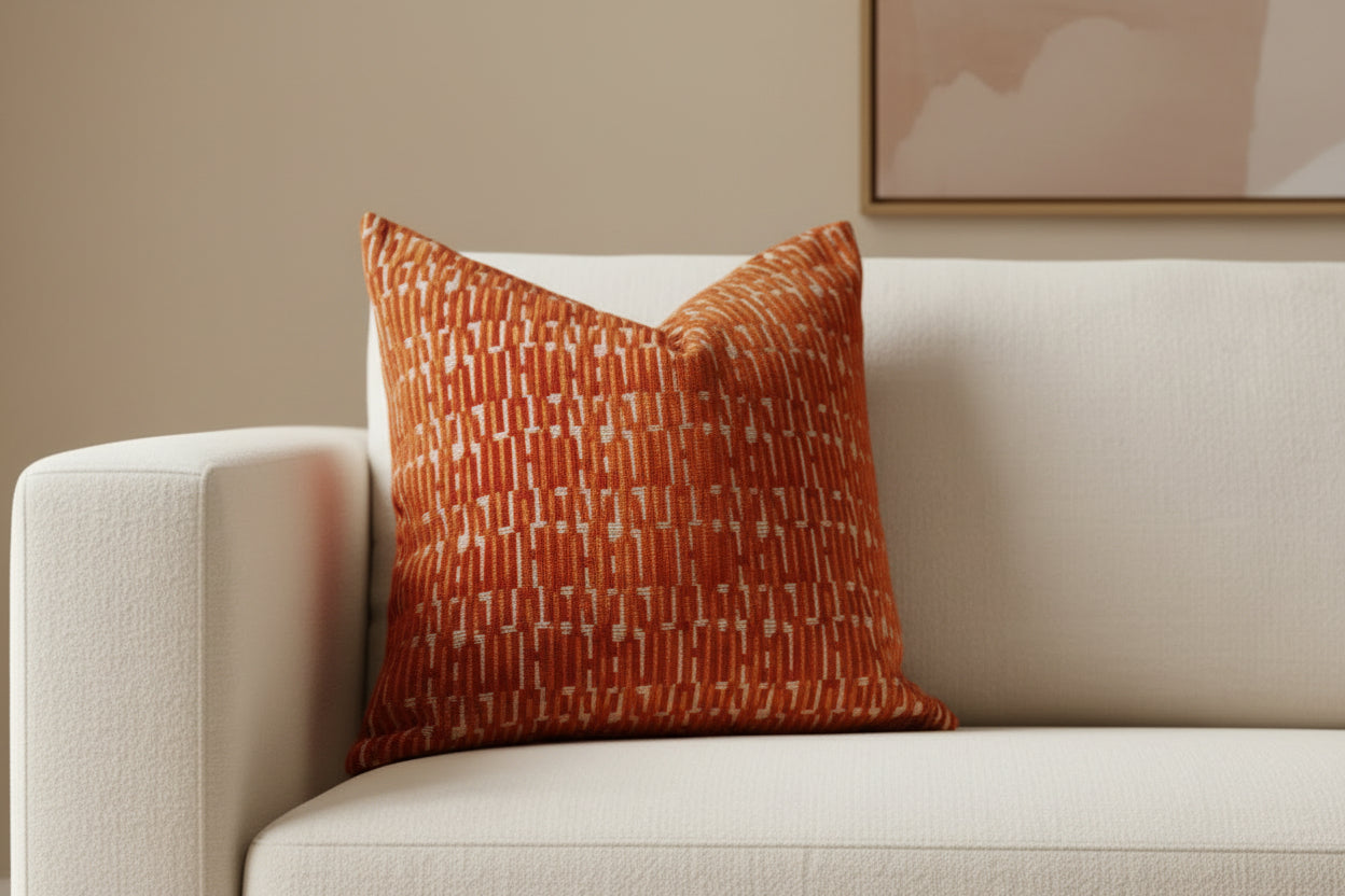 Orange textured pillow on a white surface with a neutral wall background