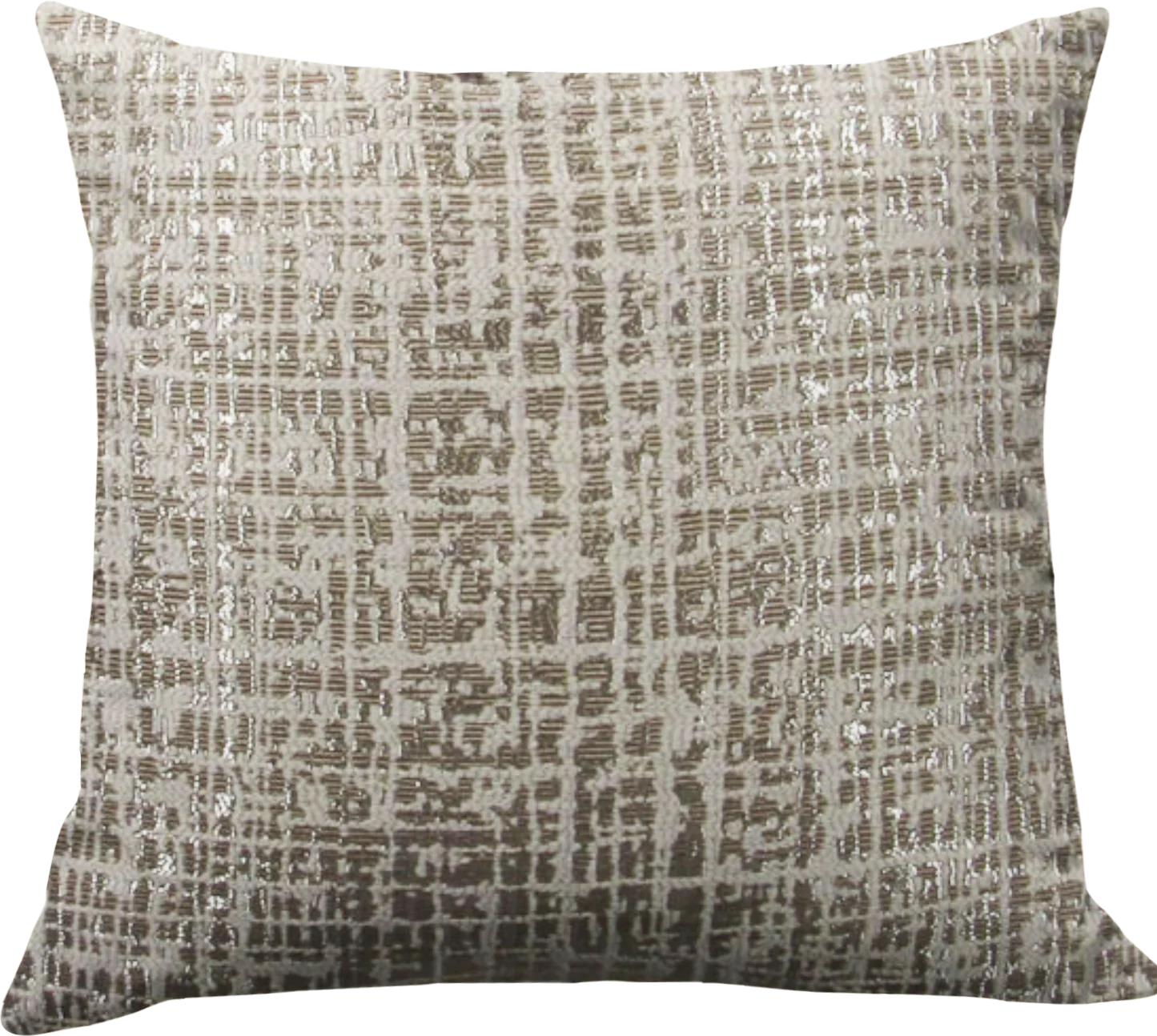 A square-shaped throw pillow with a white and silver color scheme, featuring a subtle geometric pattern and shiny silver threads.