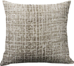 A square-shaped throw pillow with a white and silver color scheme, featuring a subtle geometric pattern and shiny silver threads.