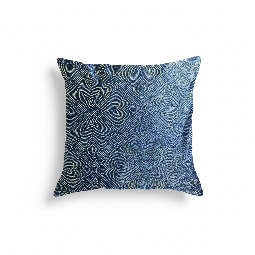 A square-shaped throw pillow with a blue background featuring a geometric pattern of lime green swirls.