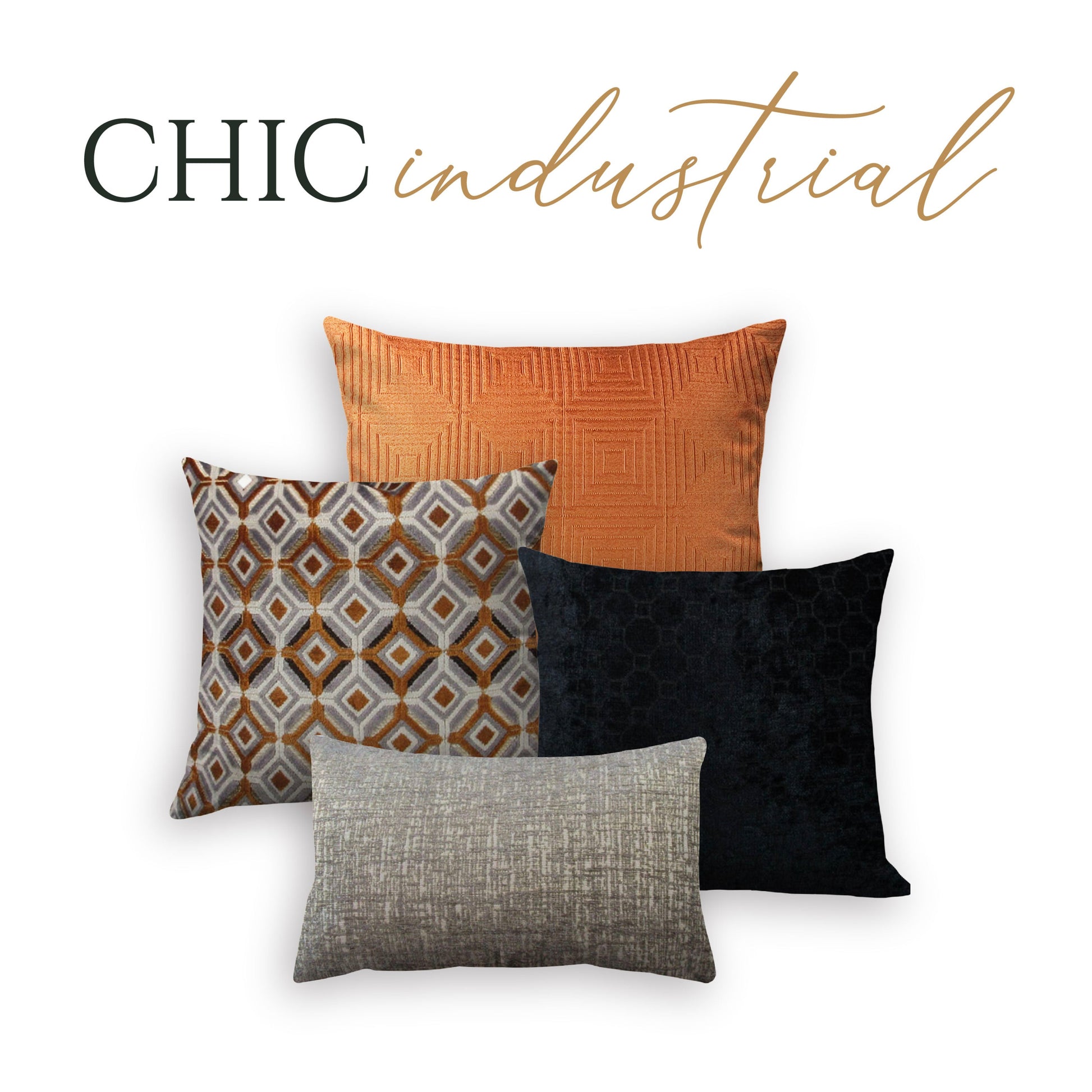 A set of four decorative throw pillows with a chic industrial design, including patterns and colors such as orange, black, and gray.