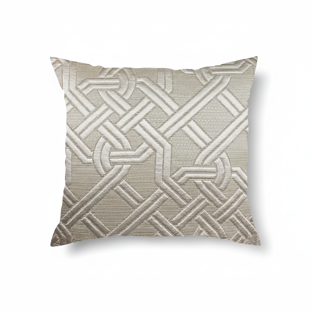 A square-shaped throw pillow with a cream-colored rope pattern on a tan background.