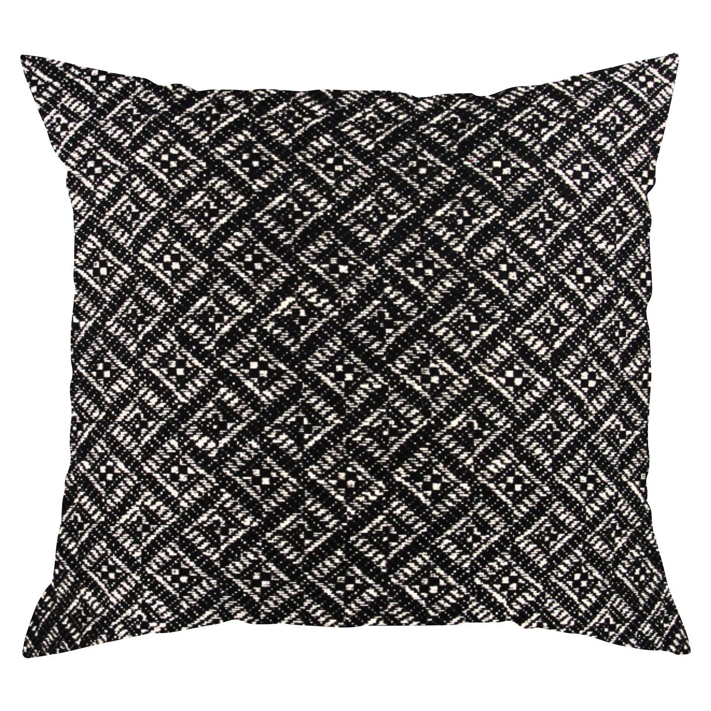 A square-shaped throw pillow with a geometric pattern in black and white colors.