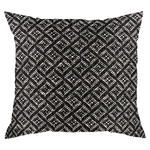 A square-shaped throw pillow with a geometric pattern in black and white colors.