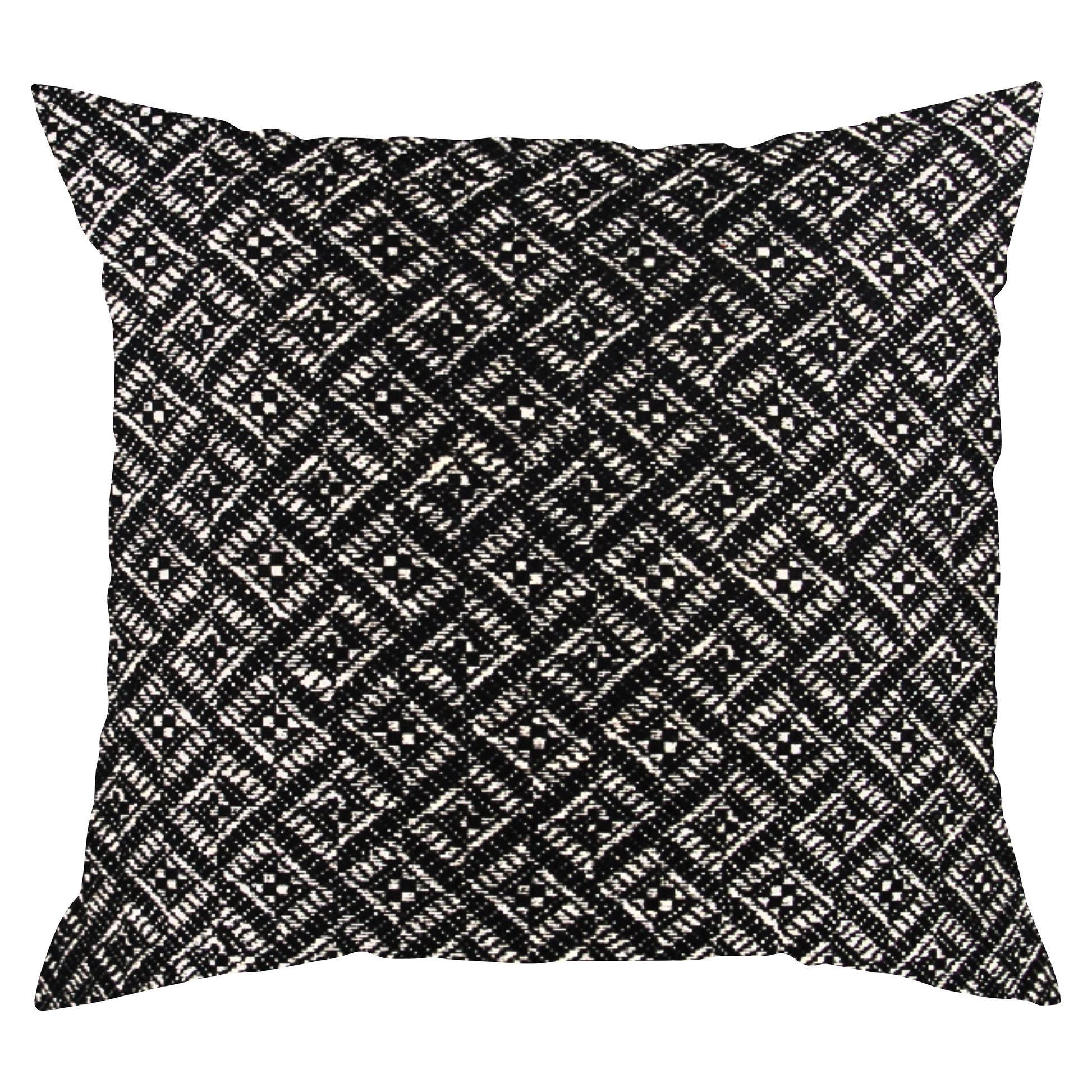A square-shaped throw pillow with a geometric pattern in black and white colors.