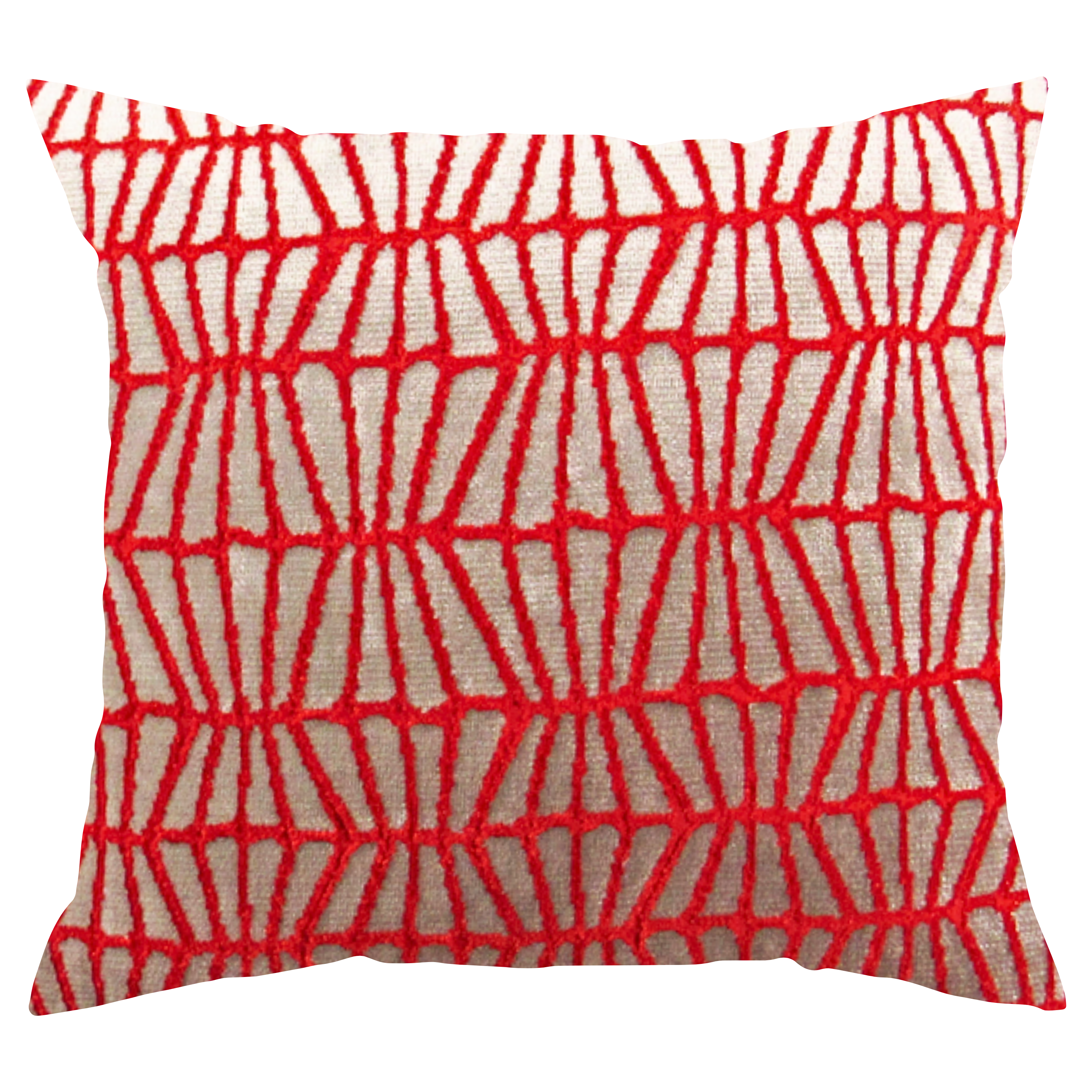 A square-shaped throw pillow with a fiery orange geometric design on a metallic silver background, with a matching silver back.