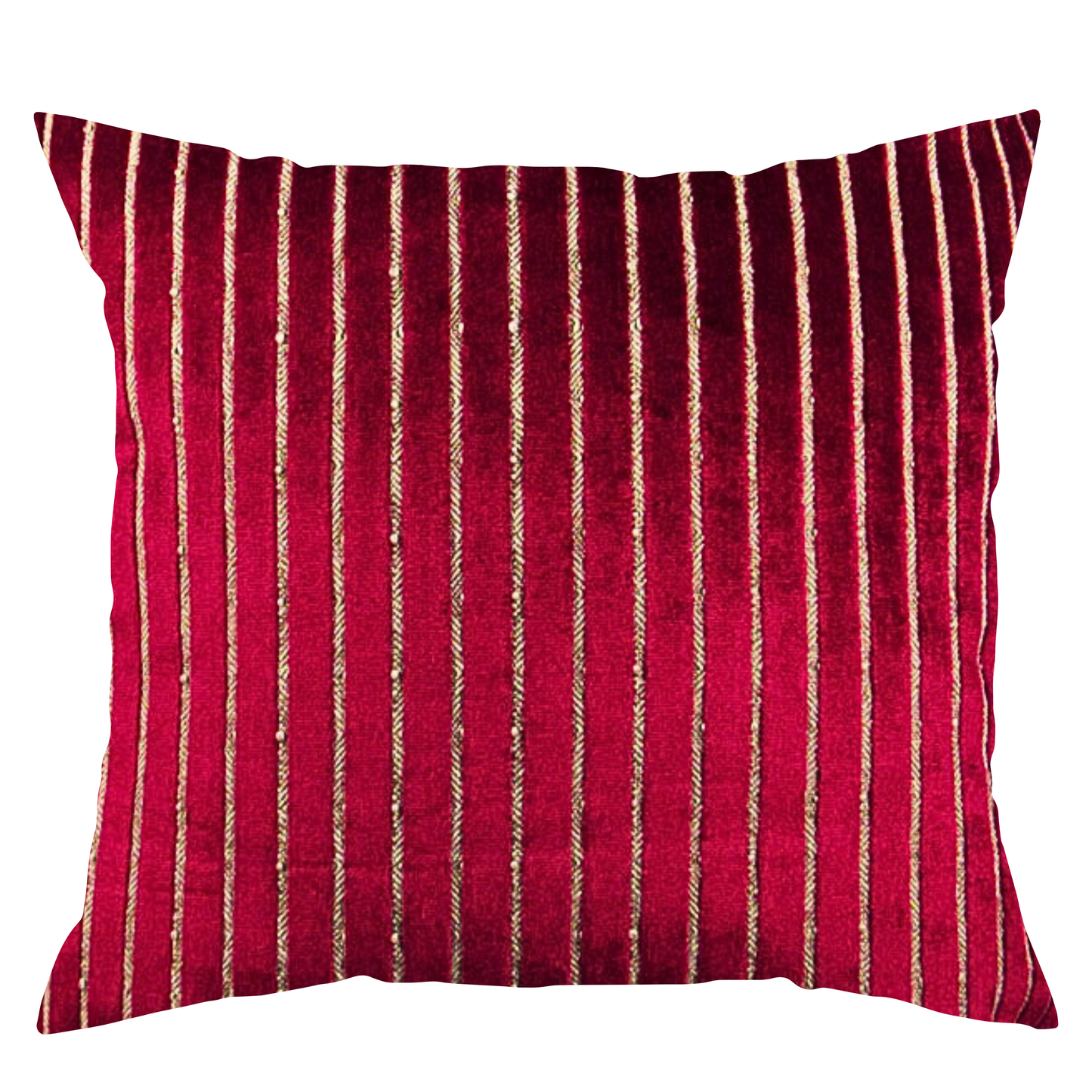 A square-shaped fuchsia pillow with corduroy-like texture and shiny details.