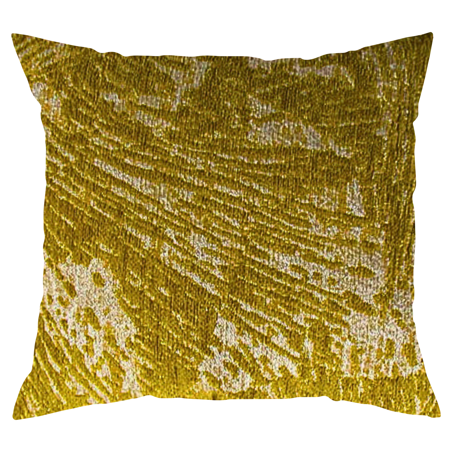 A square-shaped throw pillow with a rich dark golden yellow color and abstract pattern, featuring a texture that looks shiny or velvety.