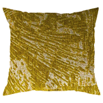 A square-shaped throw pillow with a rich dark golden yellow color and abstract pattern, featuring a texture that looks shiny or velvety.
