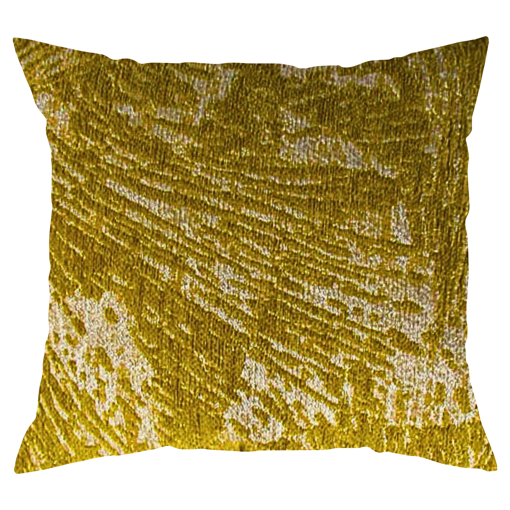 A square-shaped throw pillow with a rich dark golden yellow color and abstract pattern, featuring a texture that looks shiny or velvety.