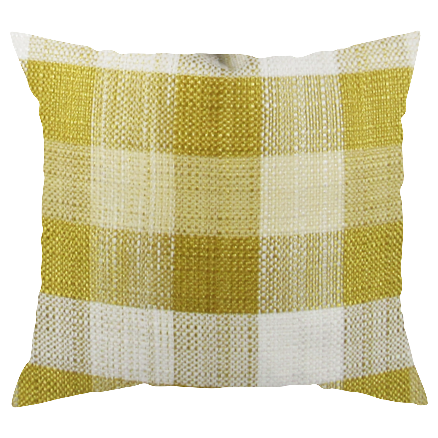 A square-shaped throw pillow with a plaid pattern featuring white, light gold, and dark gold lines.