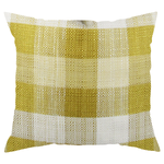A square-shaped throw pillow with a plaid pattern featuring white, light gold, and dark gold lines.