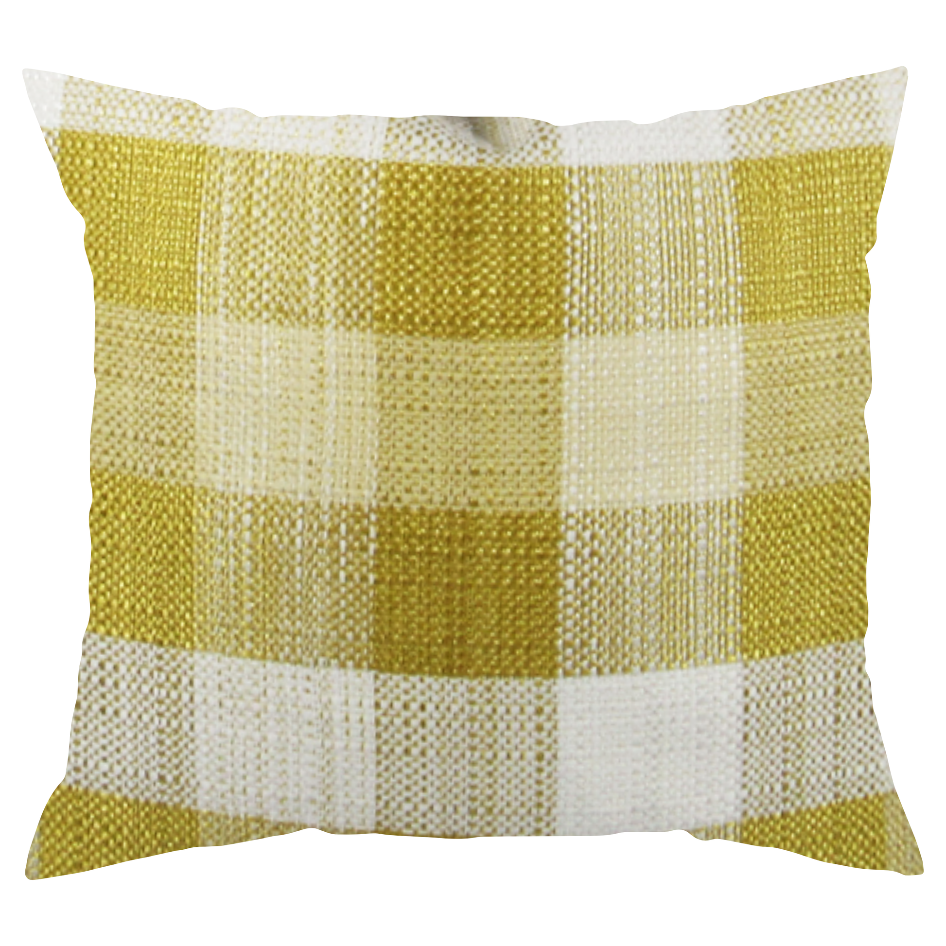 A square-shaped throw pillow with a plaid pattern featuring white, light gold, and dark gold lines.