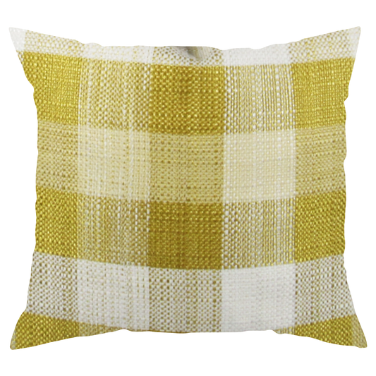A square-shaped throw pillow with a plaid pattern featuring white, light gold, and dark gold lines.