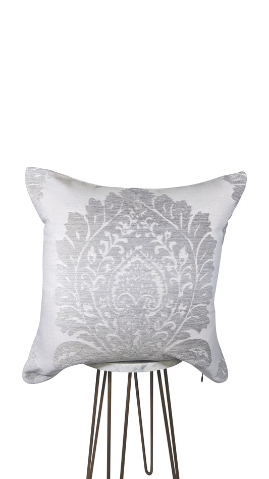 Makena Decor Gray Damask Pillow on table
