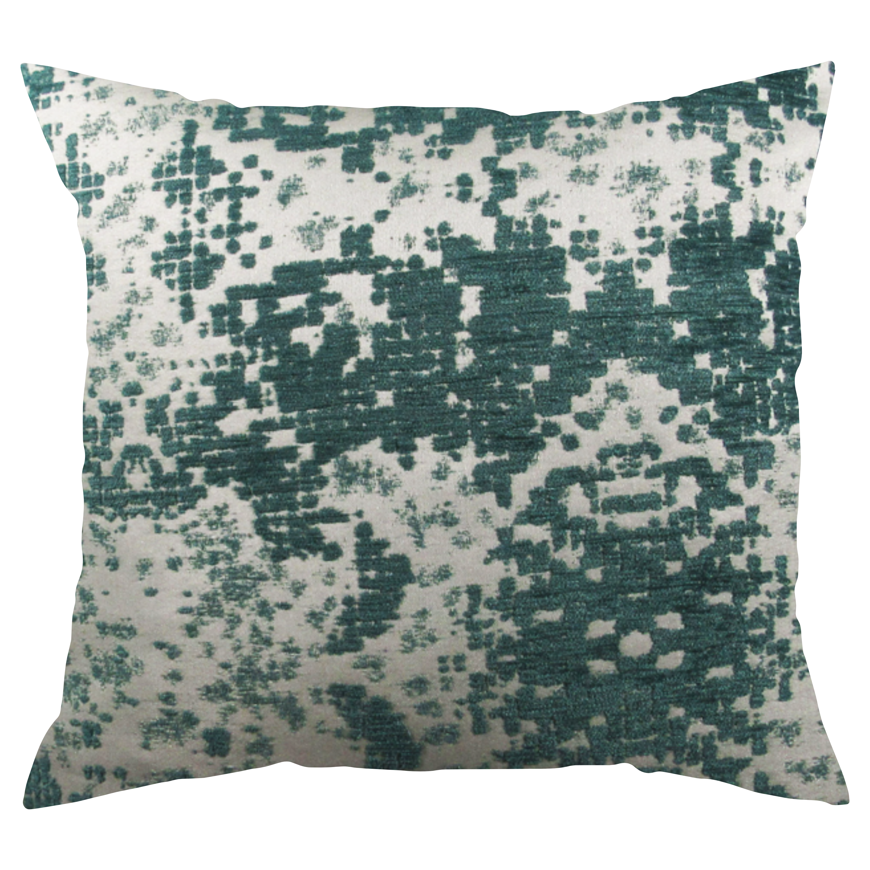 A square-shaped throw pillow with a abstract pattern in shades of green and white.