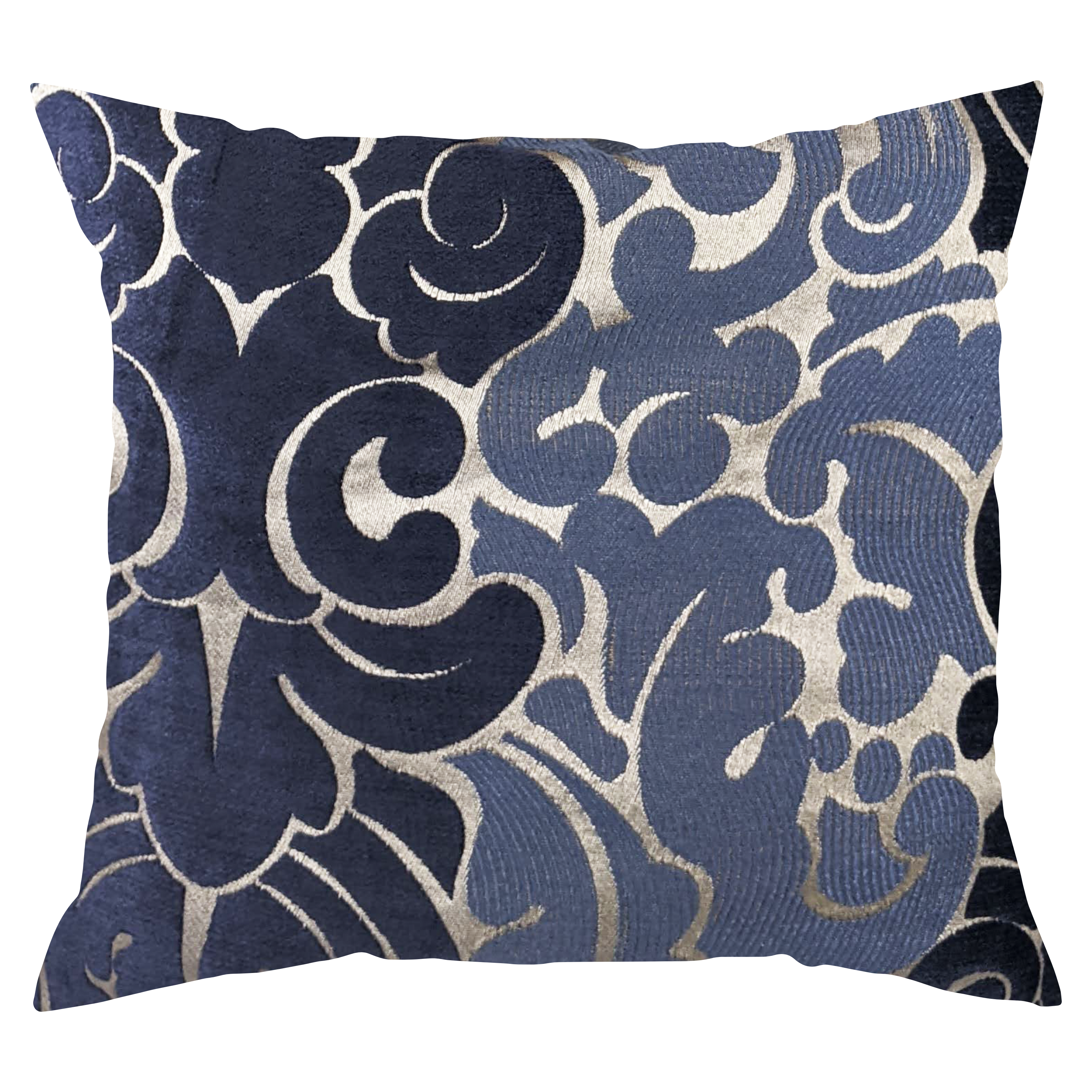 A square-shaped throw pillow with a navy blue and light blue color scheme, featuring a metallic swirl pattern on a shimmery background.