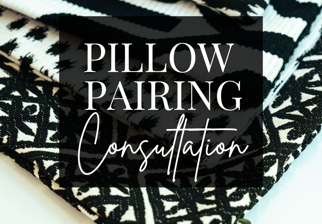 Text 'Pillow Pairing Consultation' on a black square overlay with patterned fabric background