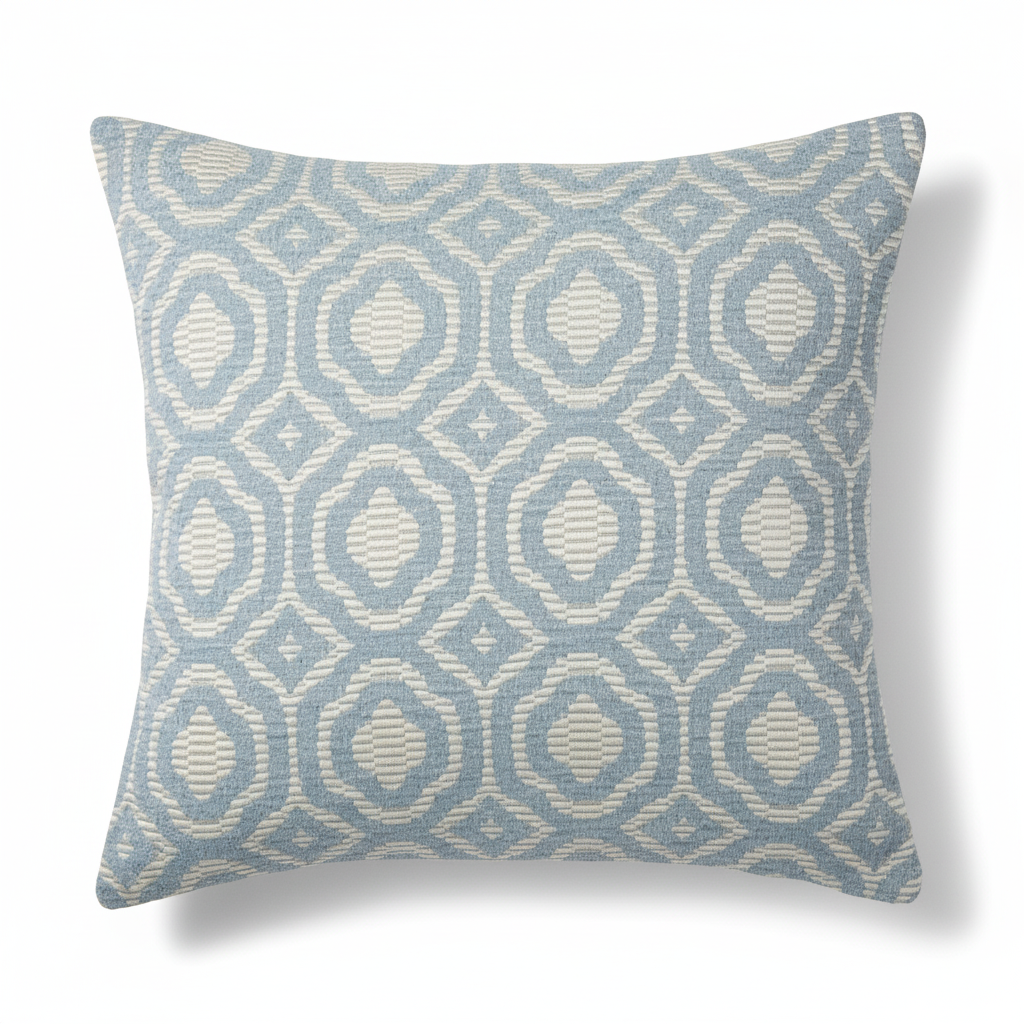 A square-shaped throw pillow with a powder blue color featuring a shiny geometric pattern, with a matching light blue fabric on the back.