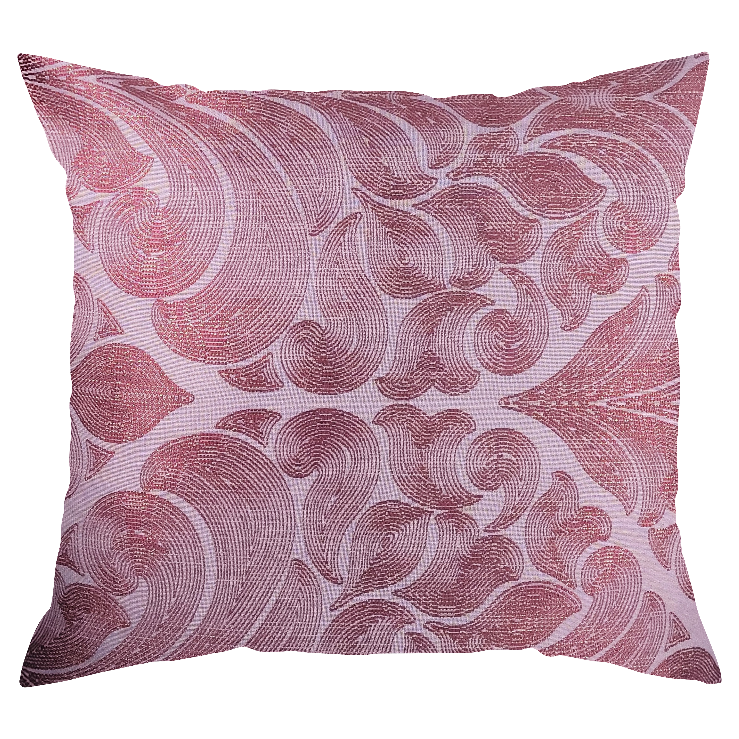 A square-shaped throw pillow with a damask pattern in medium and dark purple colors on a lighter background.