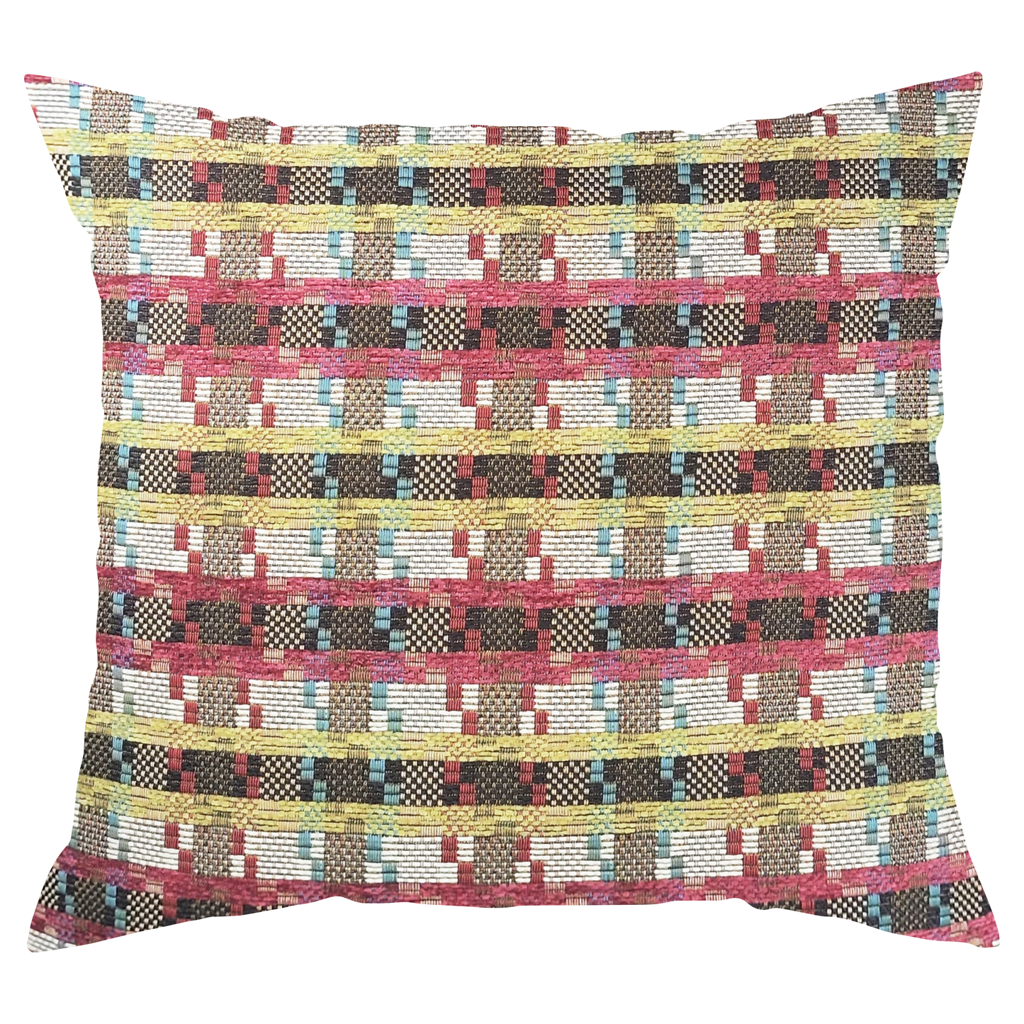 A multicolored striped pillow with pink, green, white, and blue stripes in a pixel art style pattern.