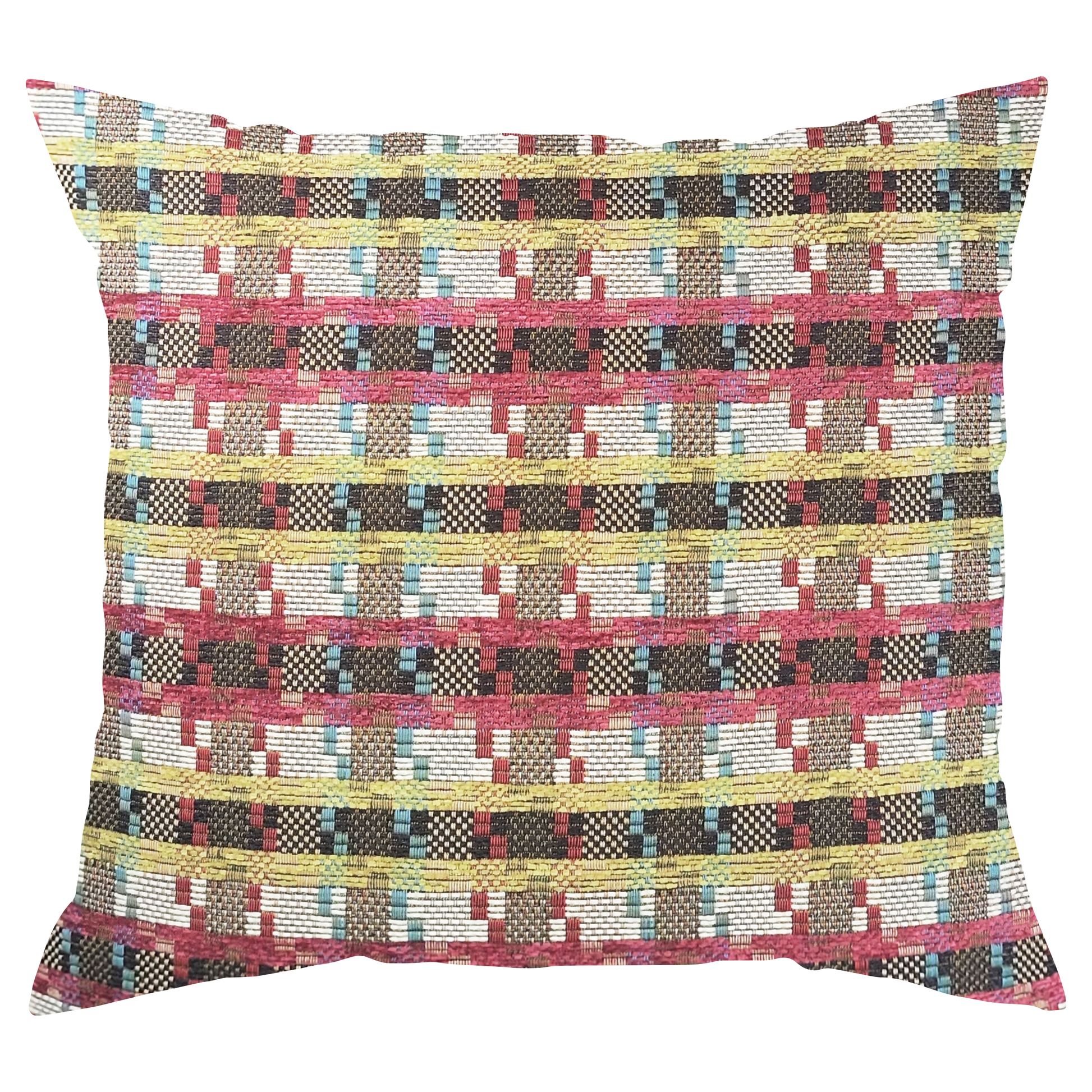 A multicolored striped pillow with pink, green, white, and blue stripes in a pixel art style pattern.