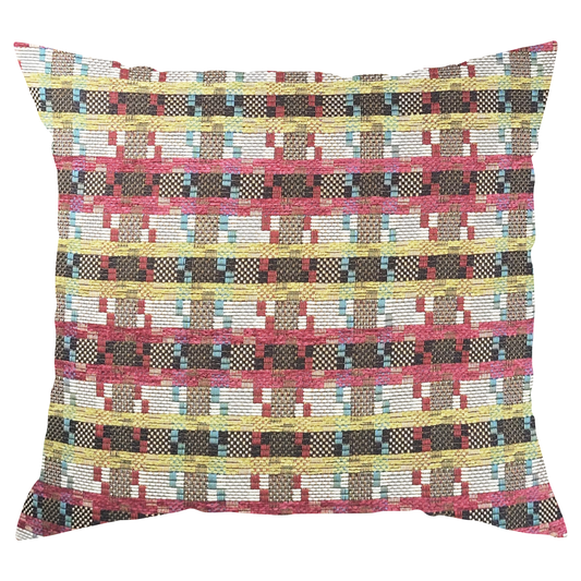 A multicolored striped pillow with pink, green, white, and blue stripes in a pixel art style pattern.