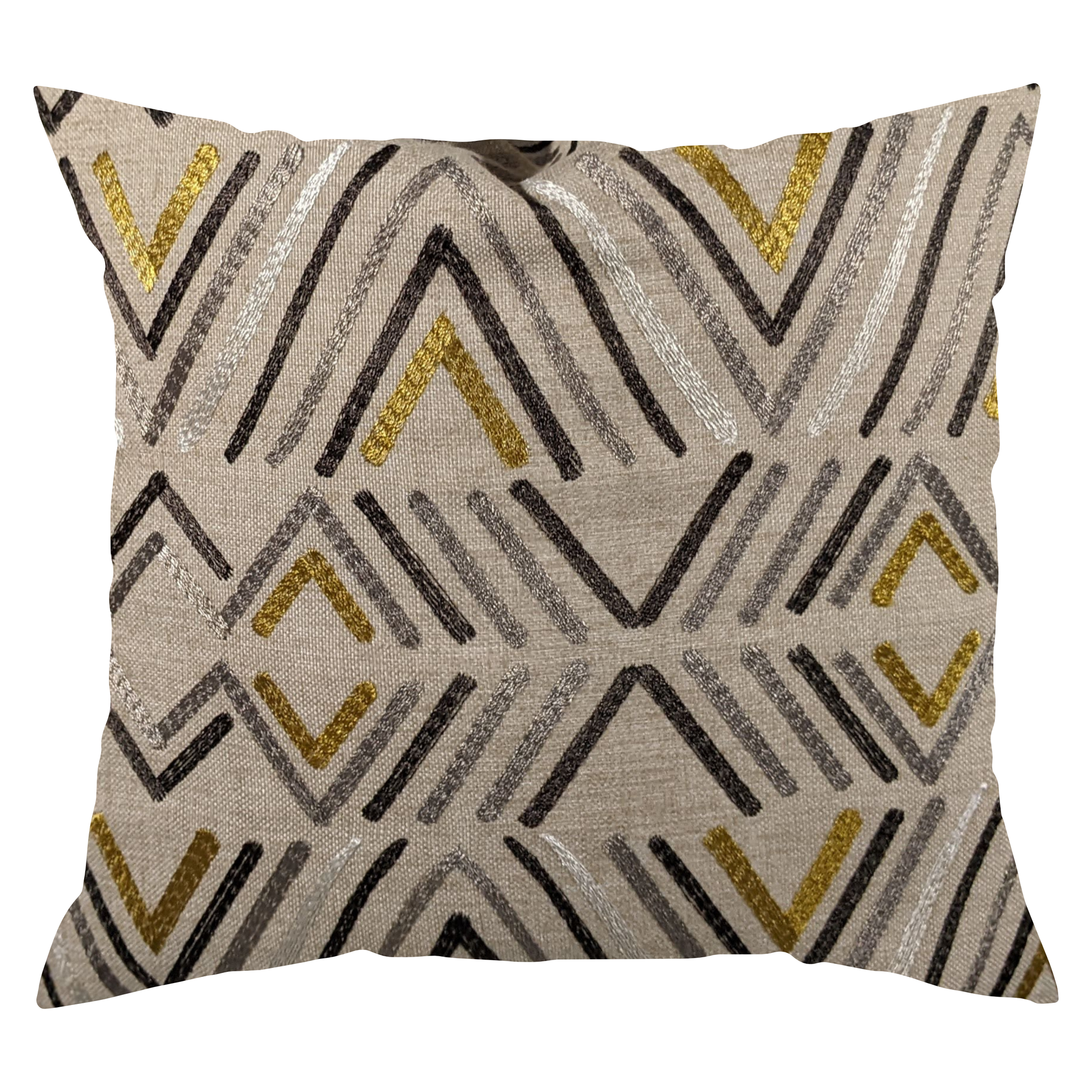 A square-shaped throw pillow with a geometric pattern featuring strips in taupe, gray, and gold colors.