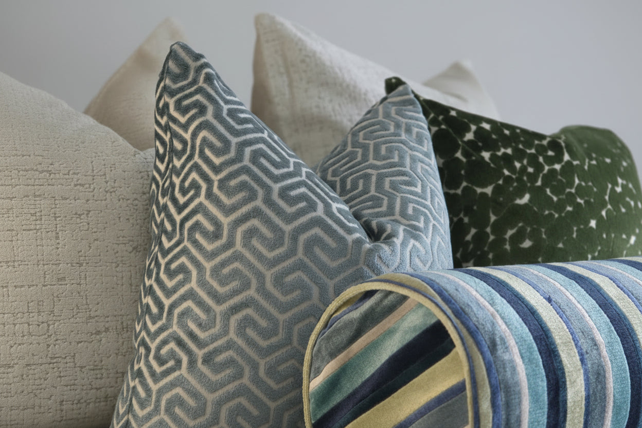 Collection of decorative pillows with geometric and striped patterns on a neutral background