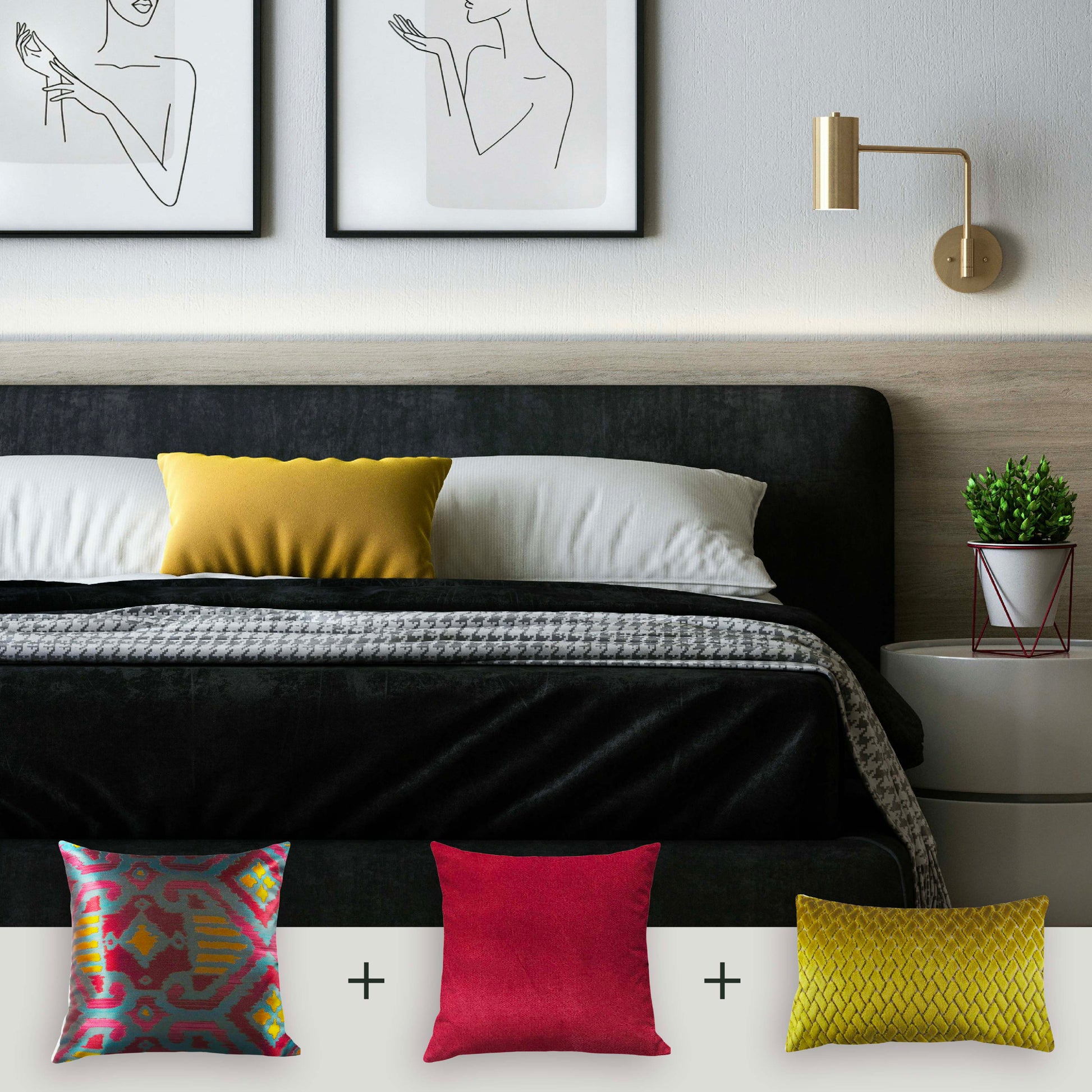 Modern bedroom with a bed featuring colorful pillows and wall art.