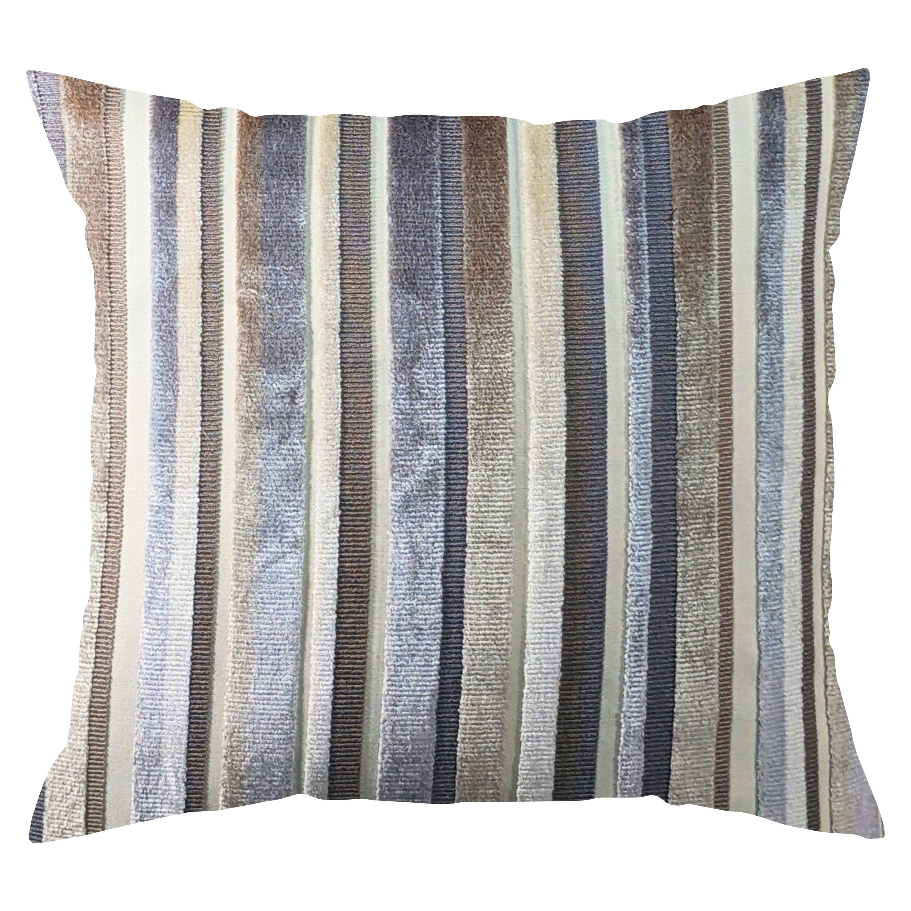 A square-shaped throw pillow with a cream, beige, and gray striped pattern and a slight sheen on the fabric.