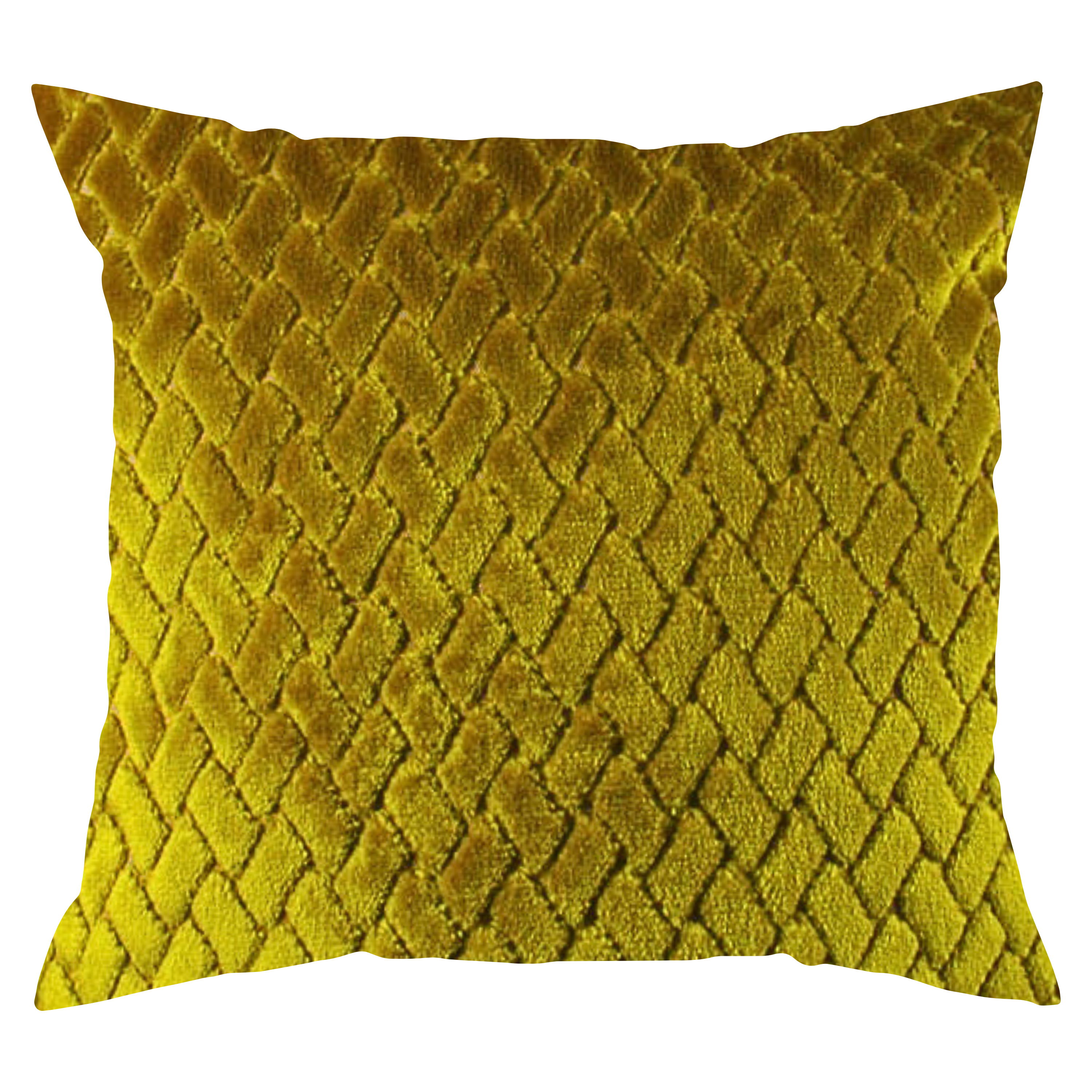 A square-shaped throw pillow with a mustard yellow color and a textured geometric pattern across its surface.