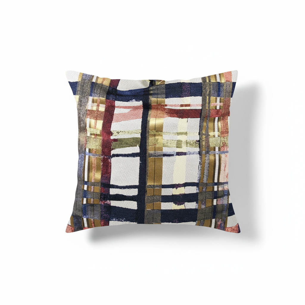 A square-shaped throw pillow with a vertical lines pattern in dark blue, gold, and burnt orange colors.