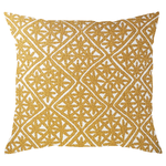 A square-shaped throw pillow with a pattern of mustard yellow diamond borders containing asterisk-shaped details on a white background.