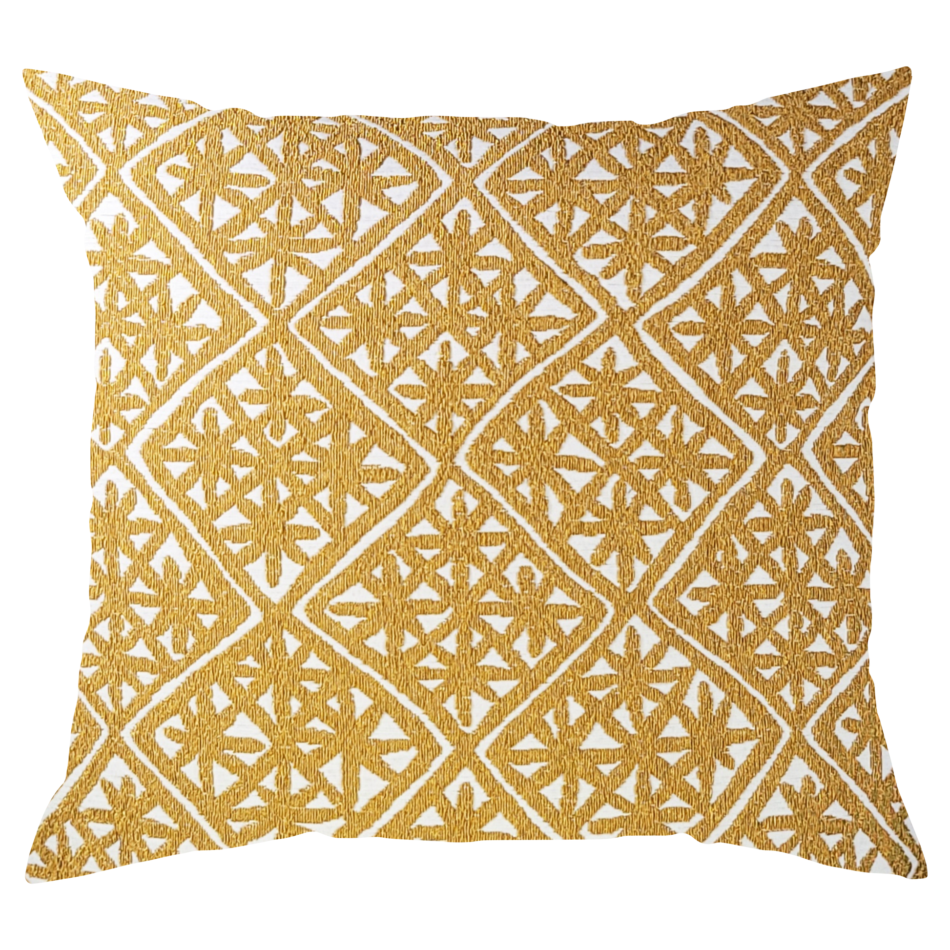 A square-shaped throw pillow with a pattern of mustard yellow diamond borders containing asterisk-shaped details on a white background.