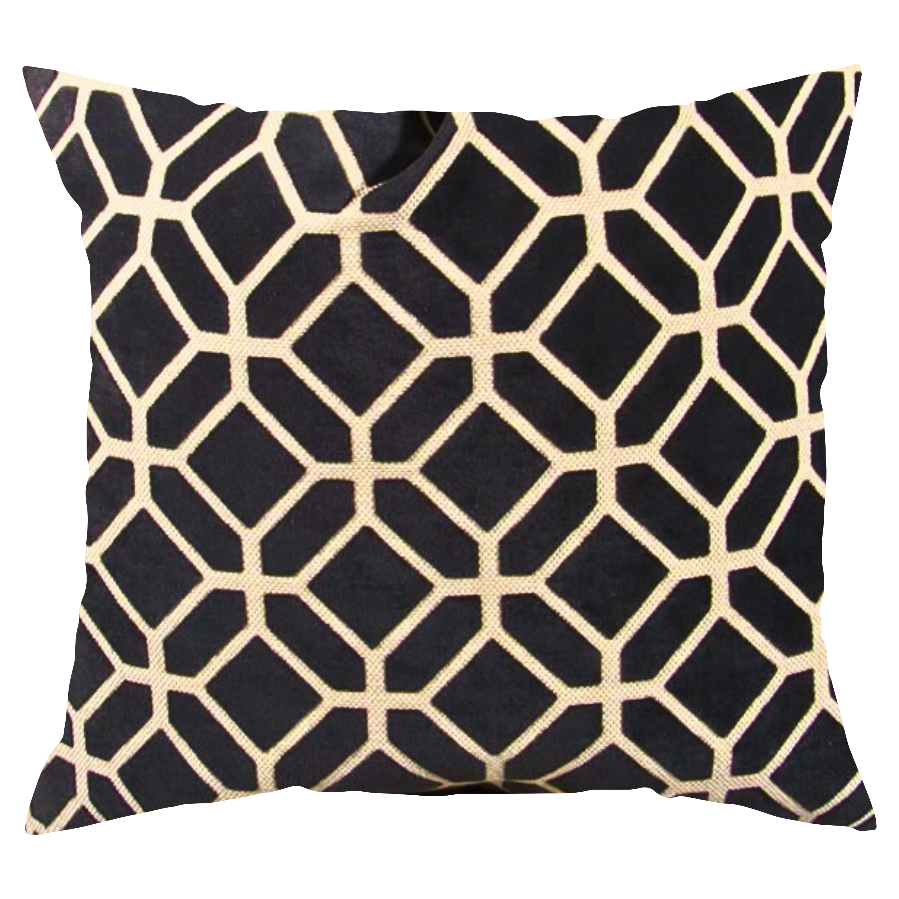A square-shaped throw pillow with a dark gray background overlaid with a cream-colored geometric pattern of hexagons and lines.