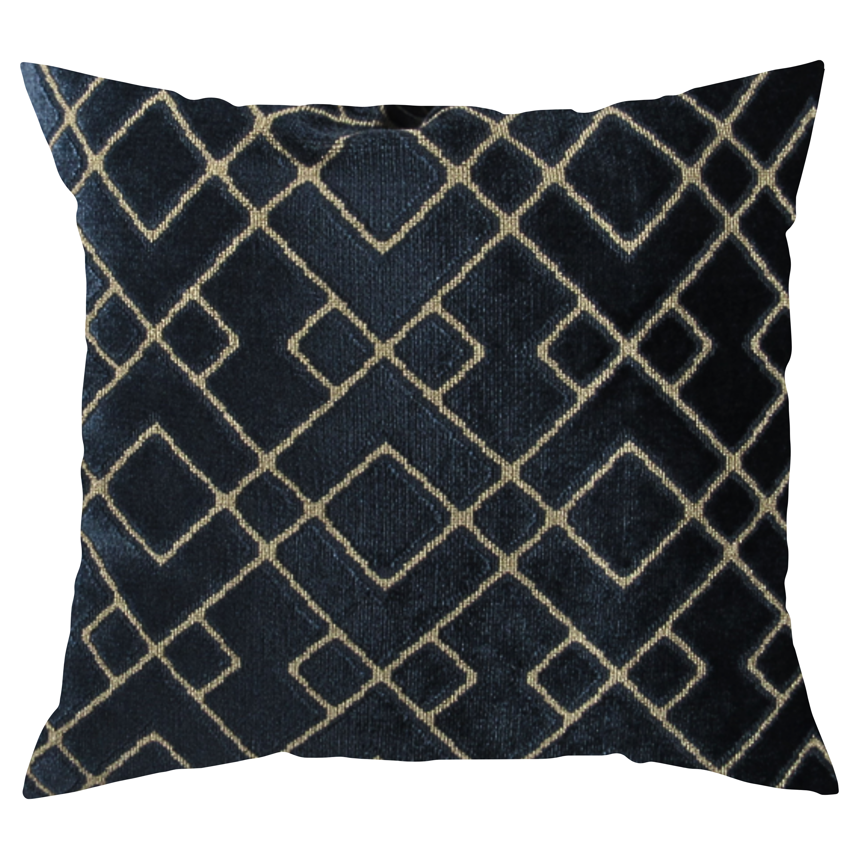 A square-shaped midnight blue velvet pillow with a geometric pattern of square and diamond shapes in beige color.