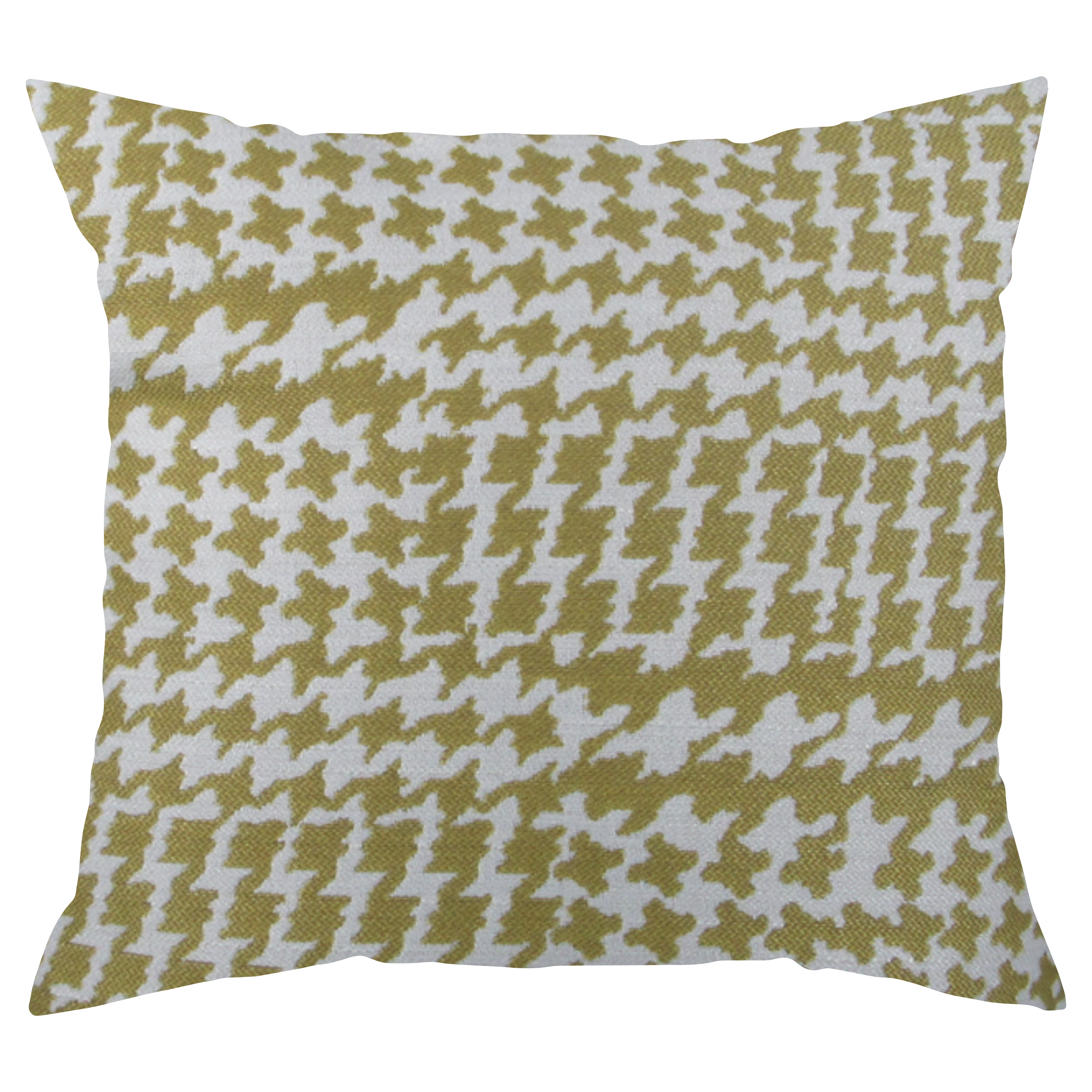 A square-shaped mustard houndstooth pattern throw pillow with a white back.