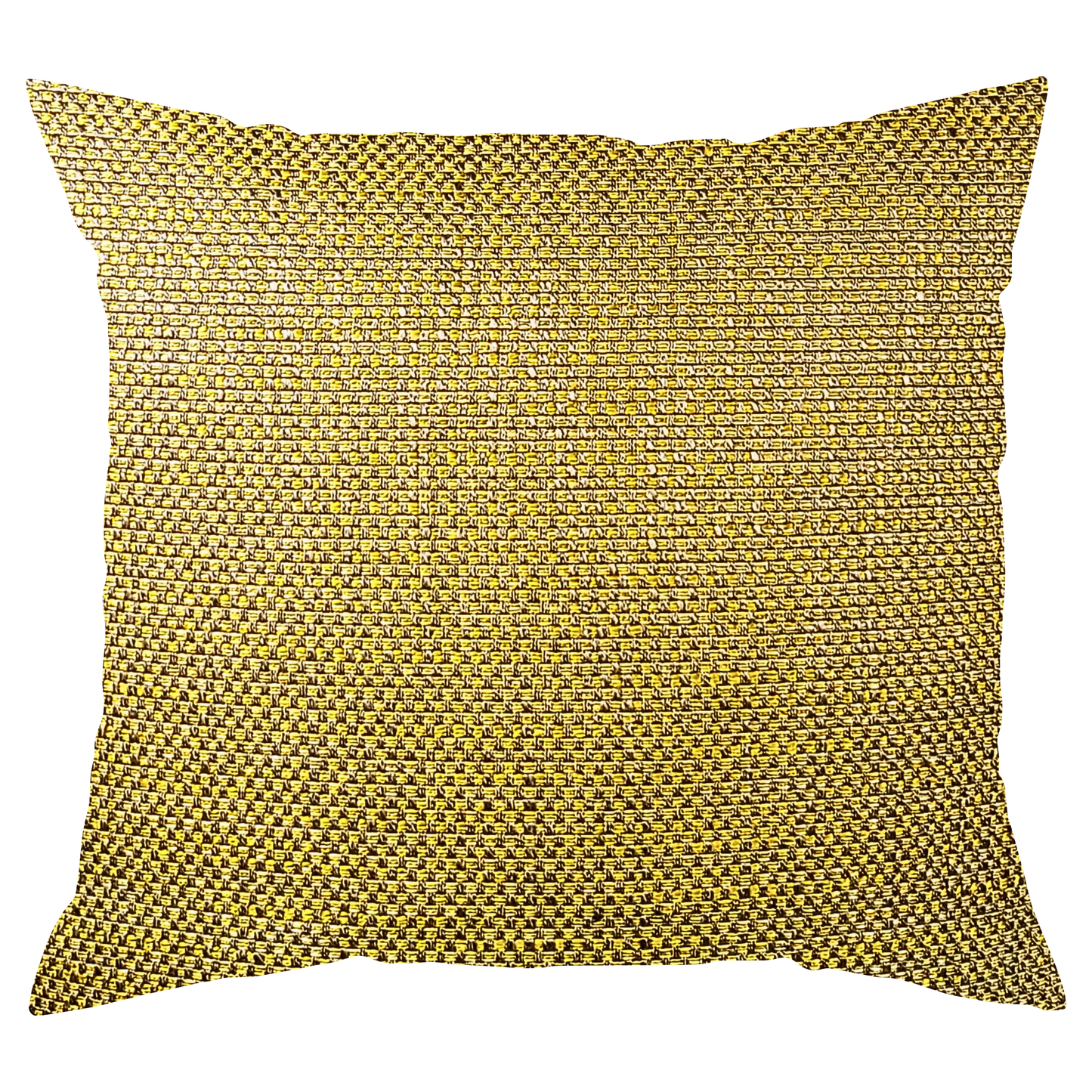 A square-shaped throw pillow with a yellow and taupe geometric pattern