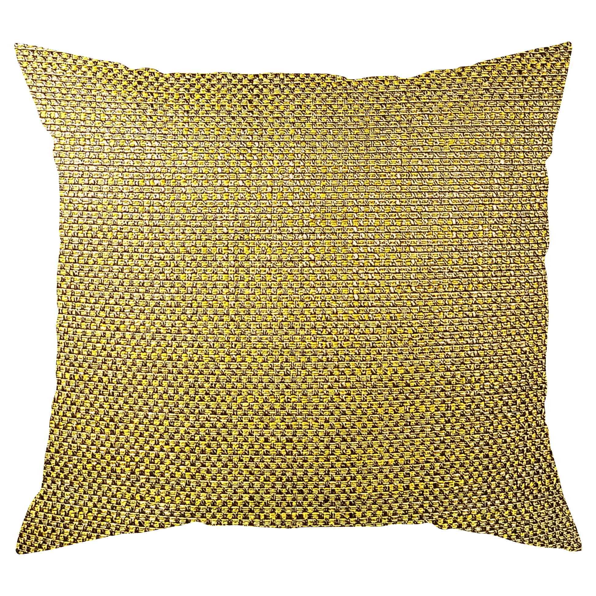 A square-shaped throw pillow with a yellow and taupe geometric pattern