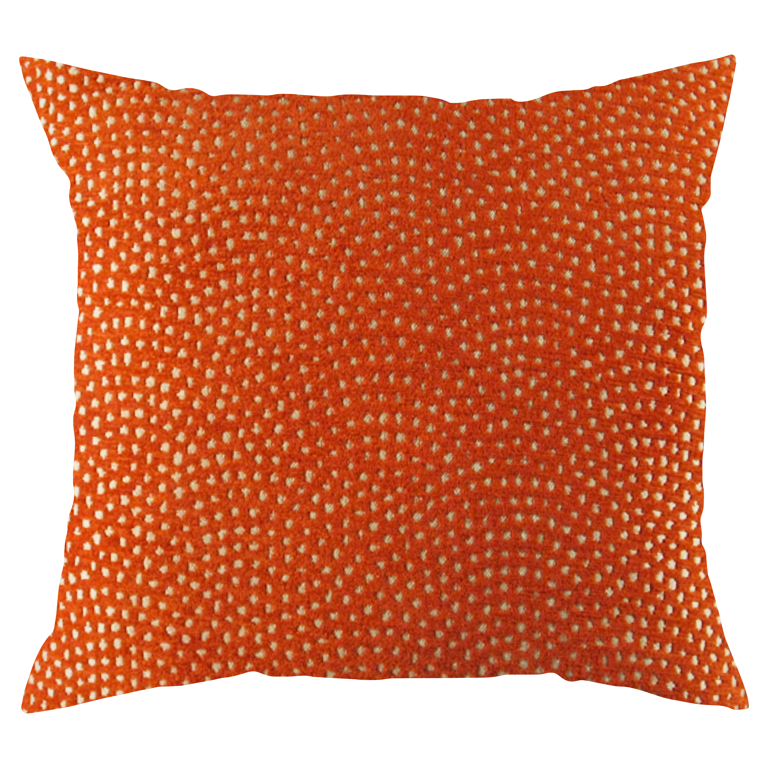 A square-shaped throw pillow with a pattern of small orange and cream circles on a orange background.