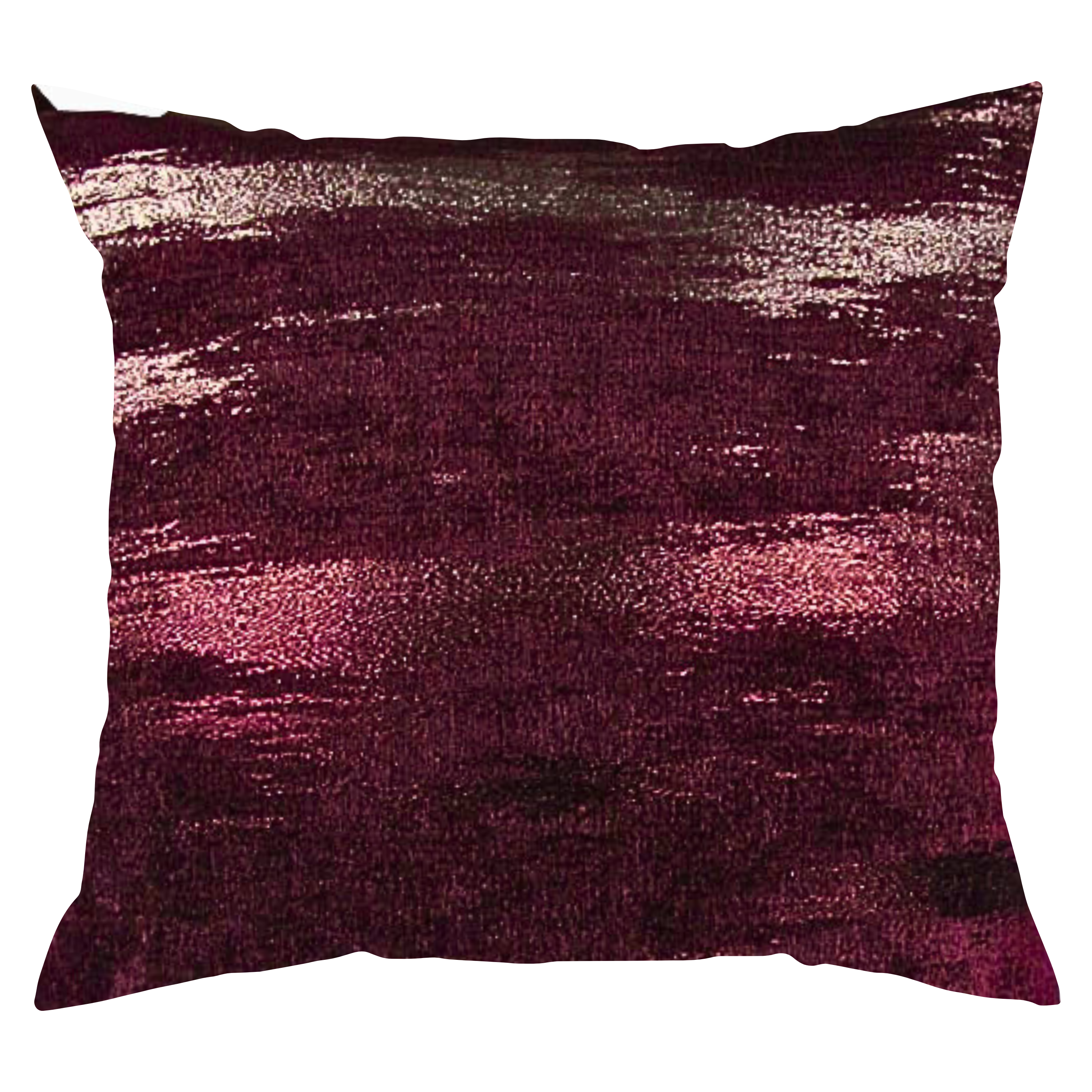 A square-shaped velvet pillow with purple color and streaks of mauve, shiny texture